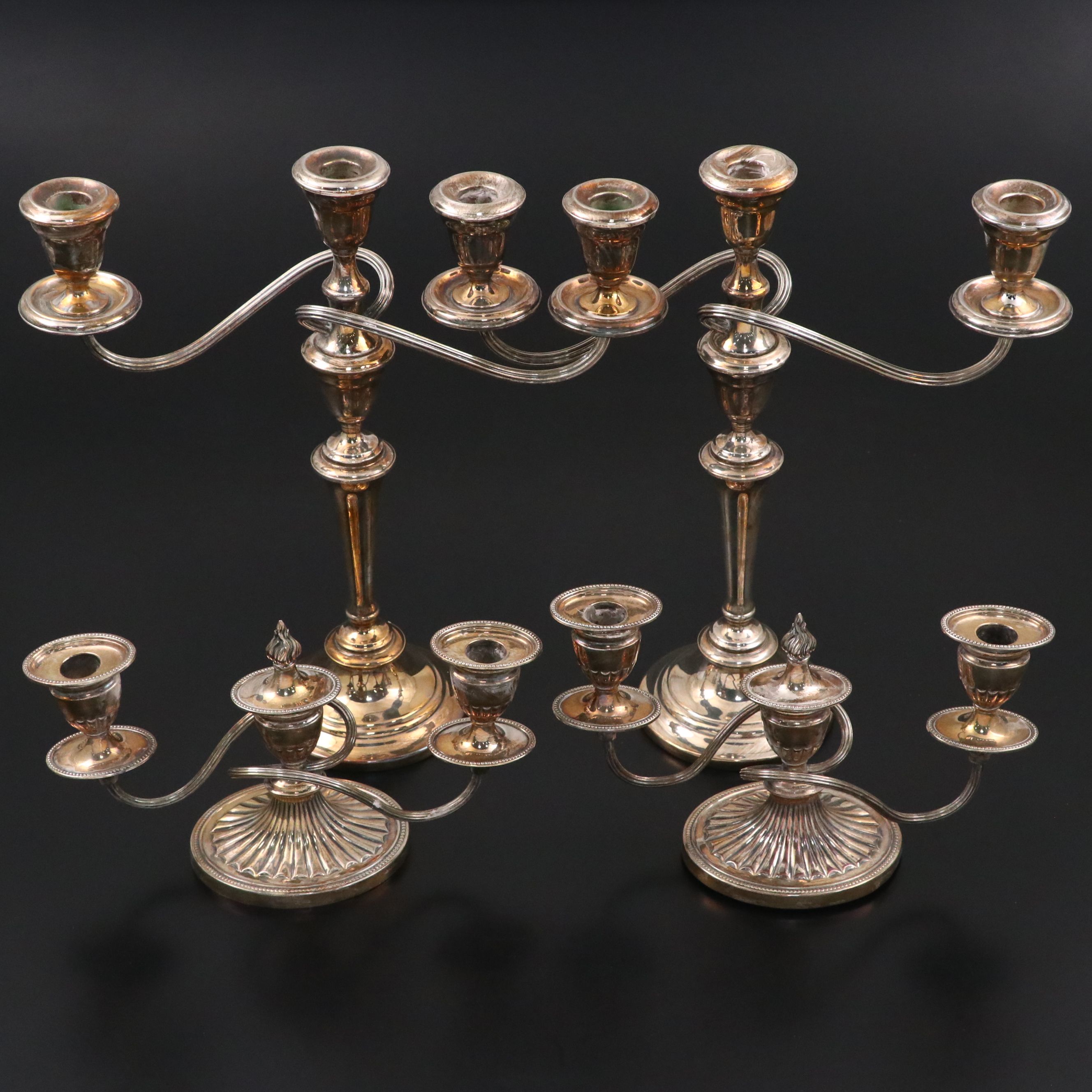 Pair of Gorham Three-Light and Other British Silver Plate Candelabra