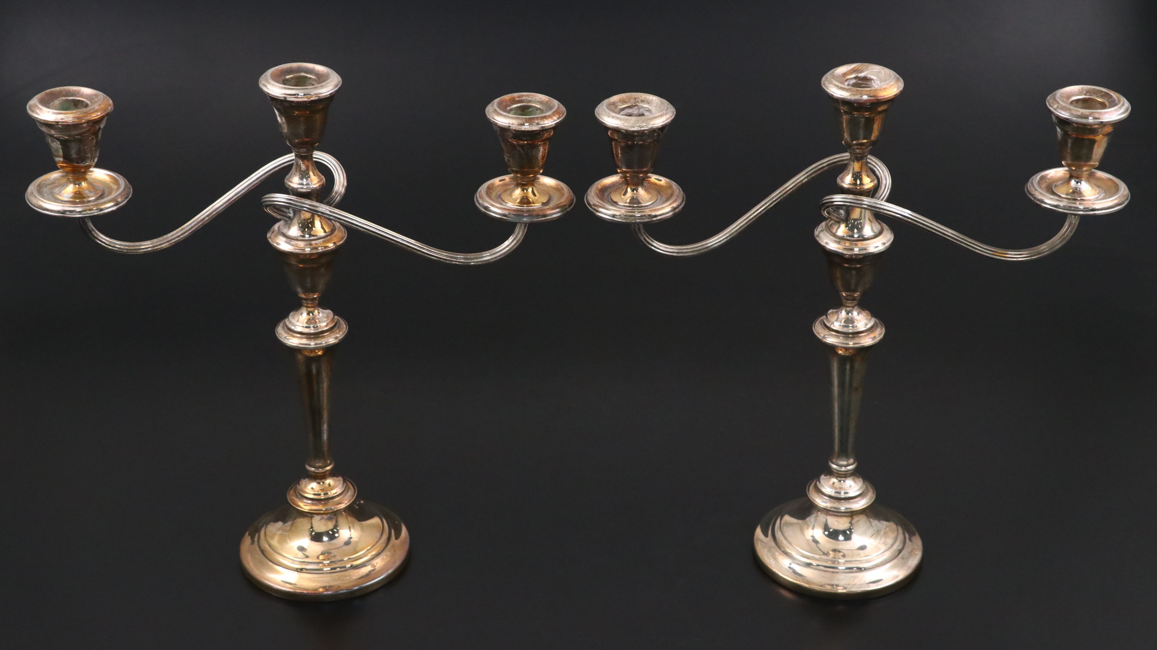 Pair of Gorham Three-Light and Other British Silver Plate Candelabra