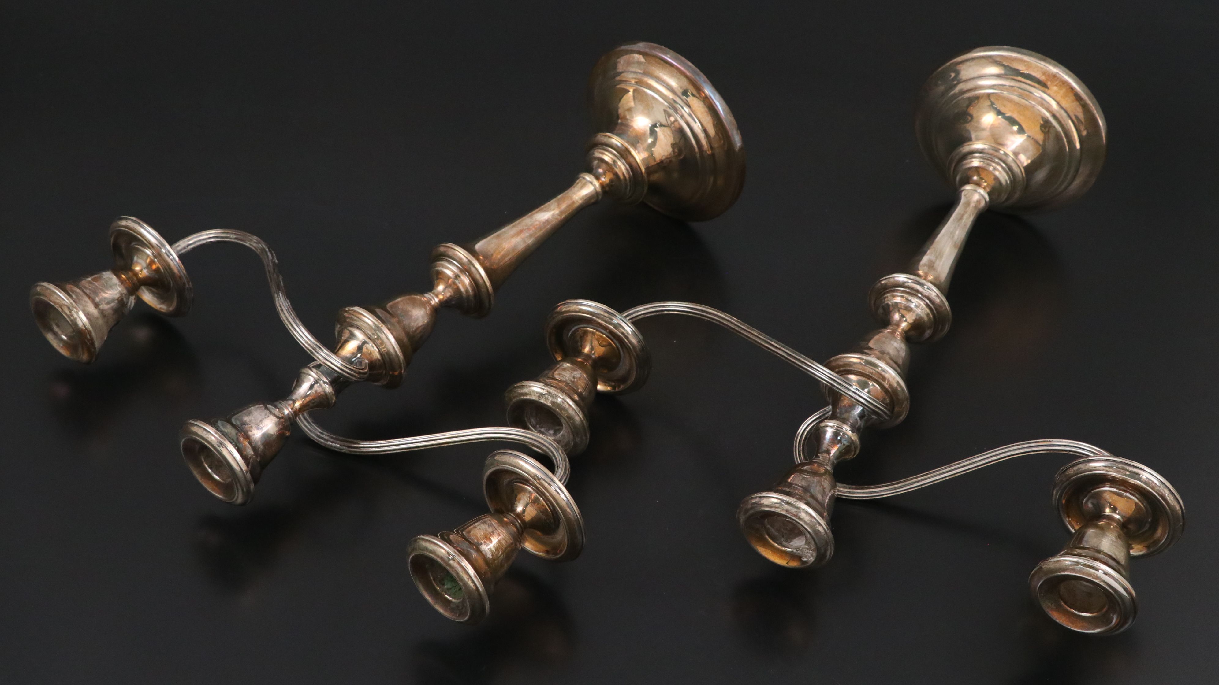 Pair of Gorham Three-Light and Other British Silver Plate Candelabra