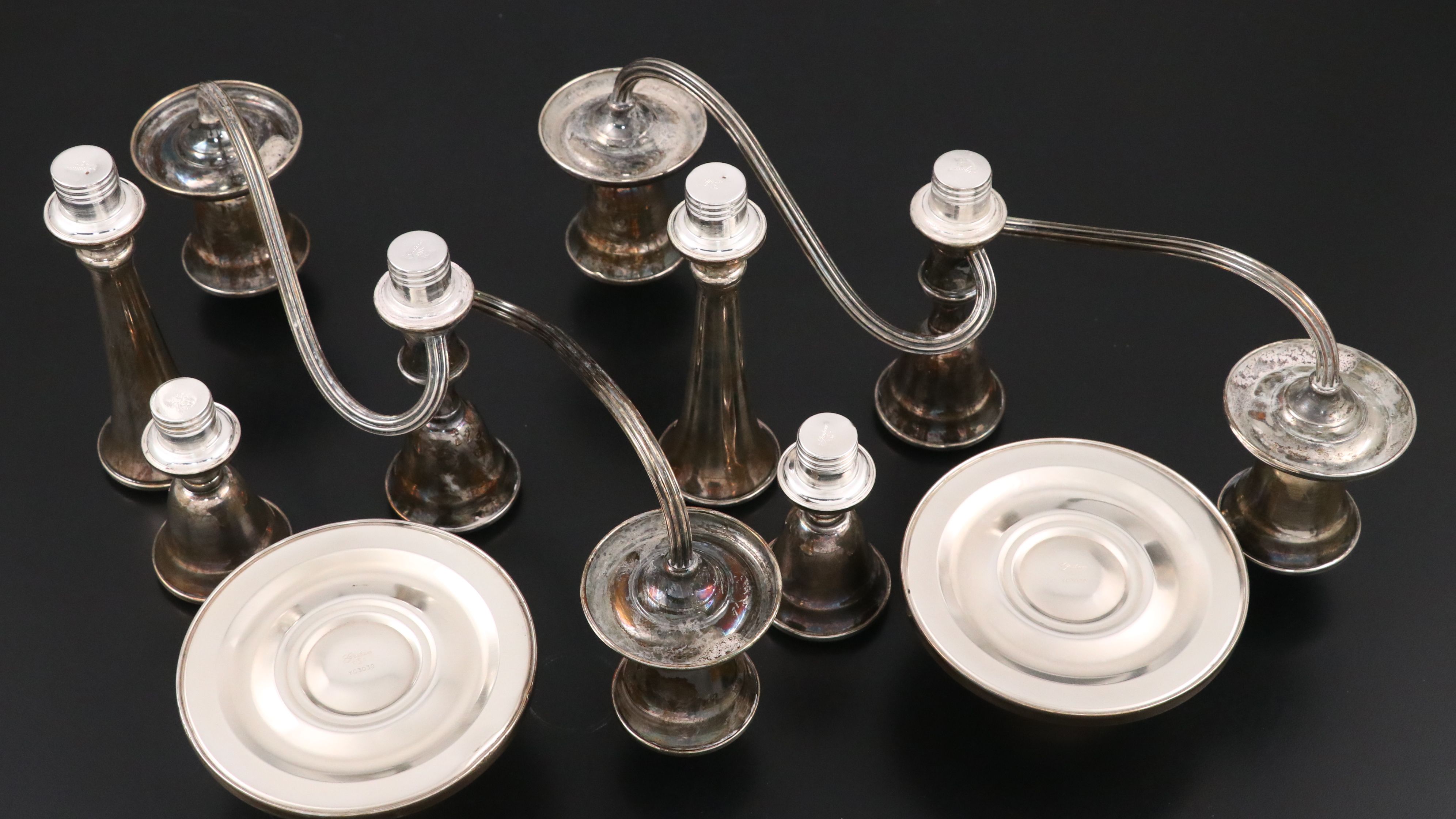 Pair of Gorham Three-Light and Other British Silver Plate Candelabra