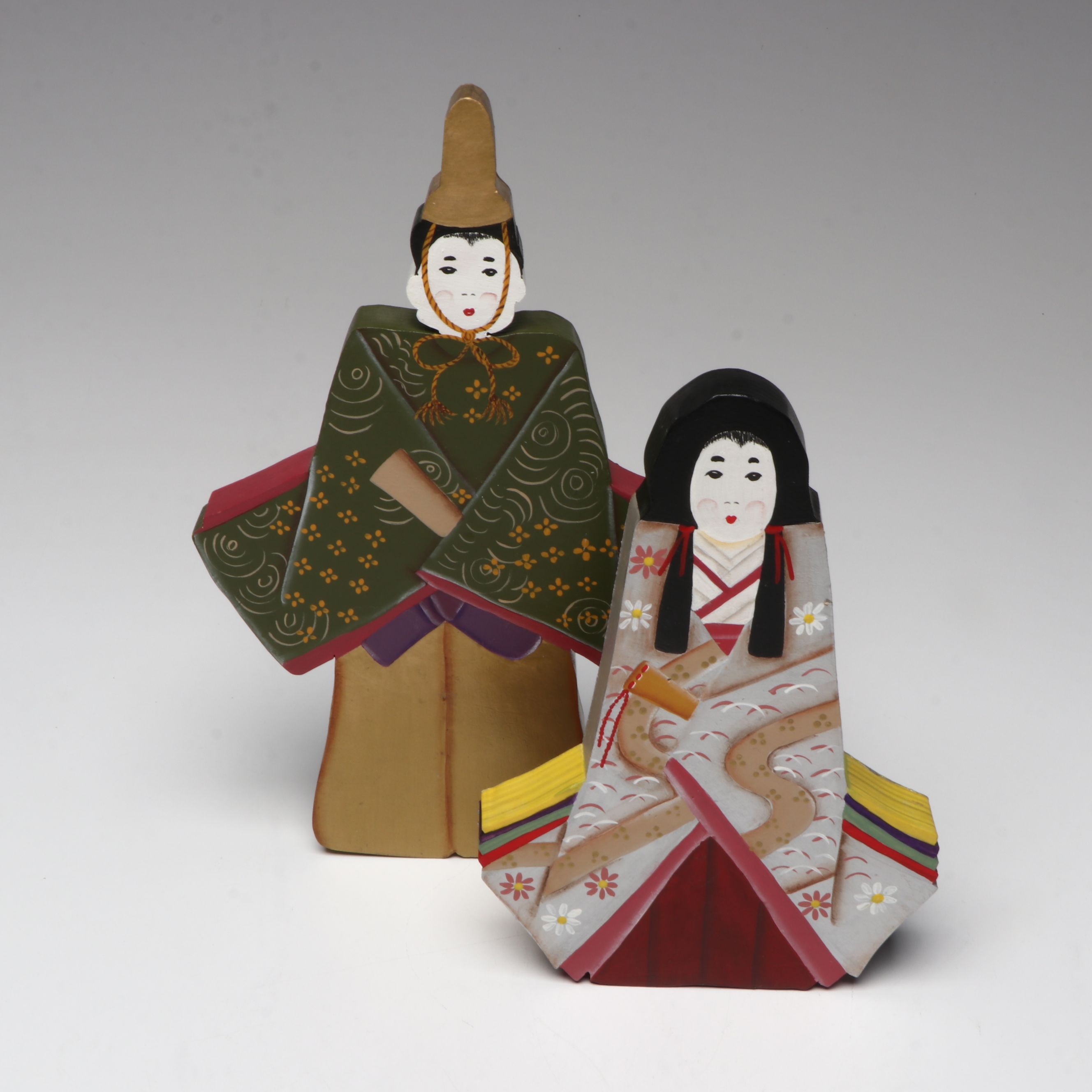 Japanese Hand-Painted Wooden Dolls and Cast Iron Plates