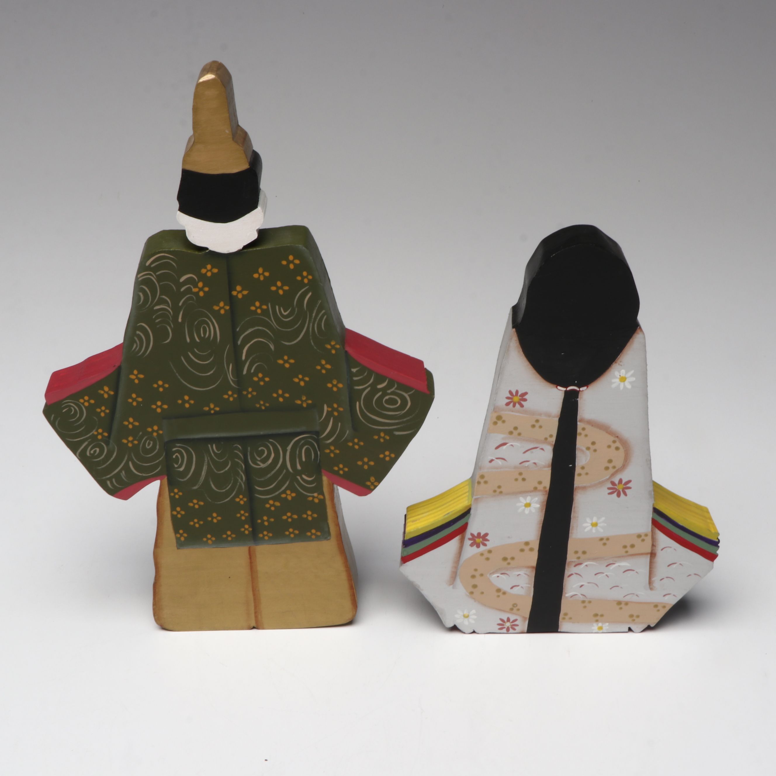 Japanese Hand-Painted Wooden Dolls and Cast Iron Plates