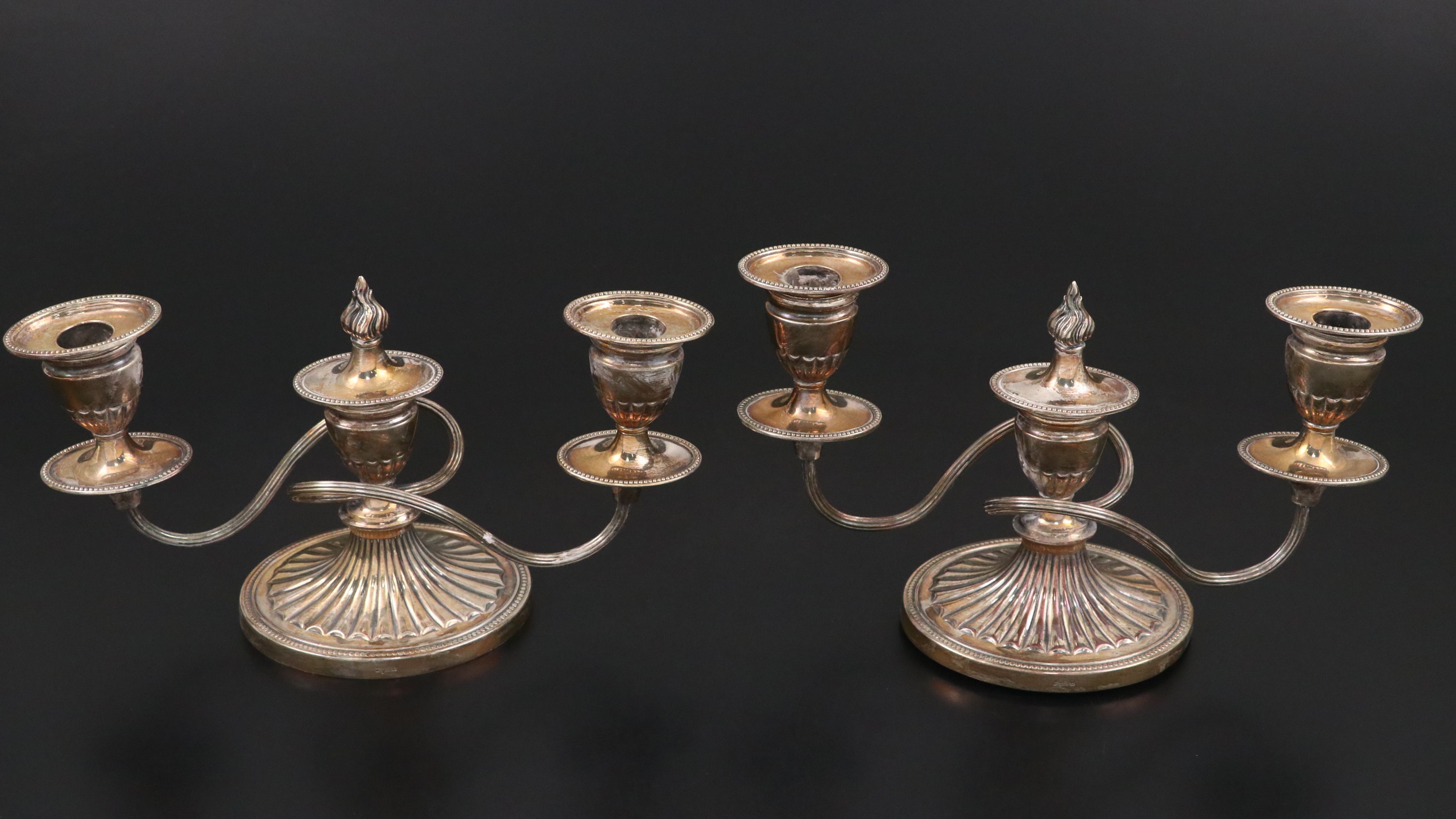 Pair of Gorham Three-Light and Other British Silver Plate Candelabra