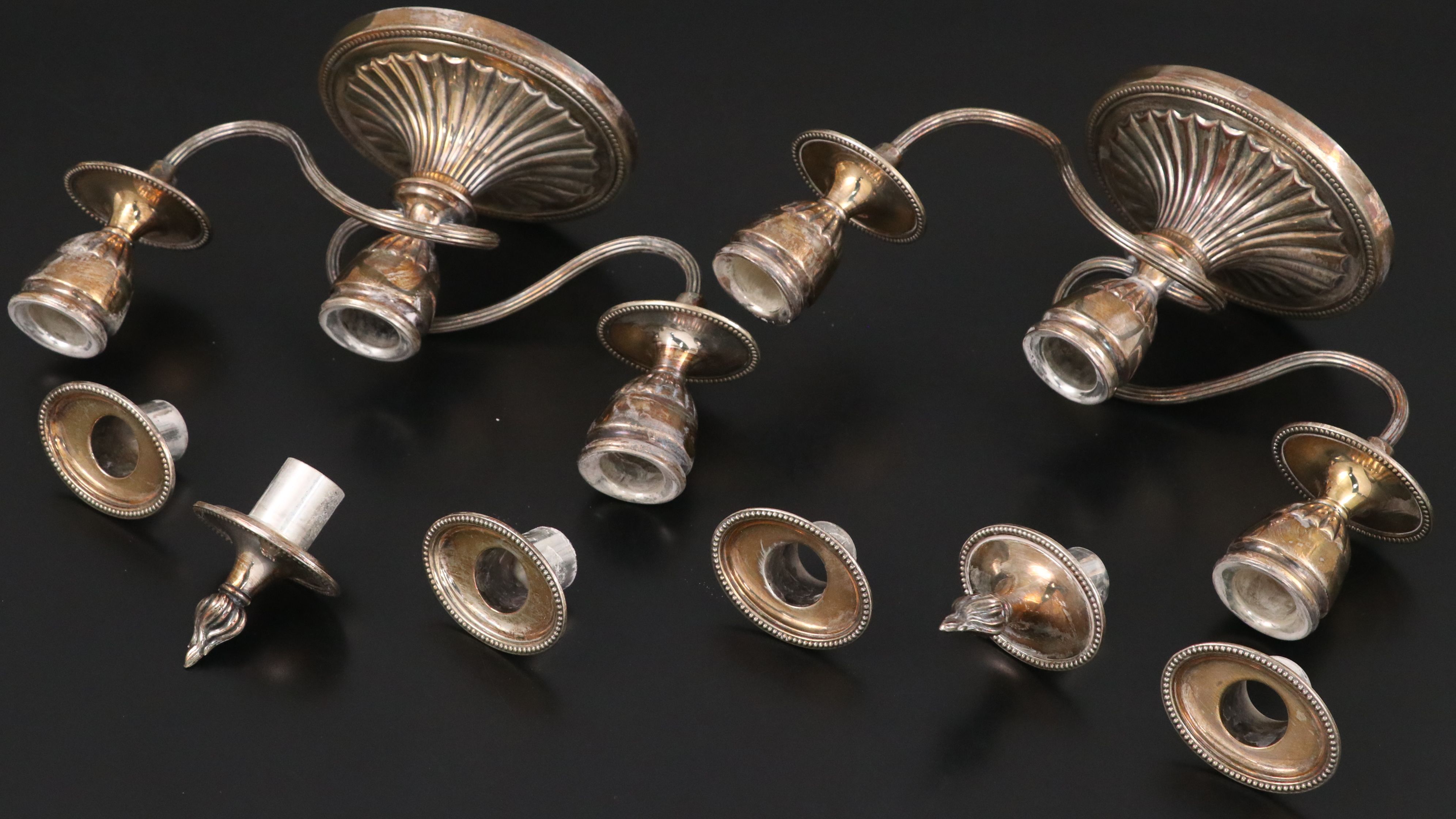 Pair of Gorham Three-Light and Other British Silver Plate Candelabra