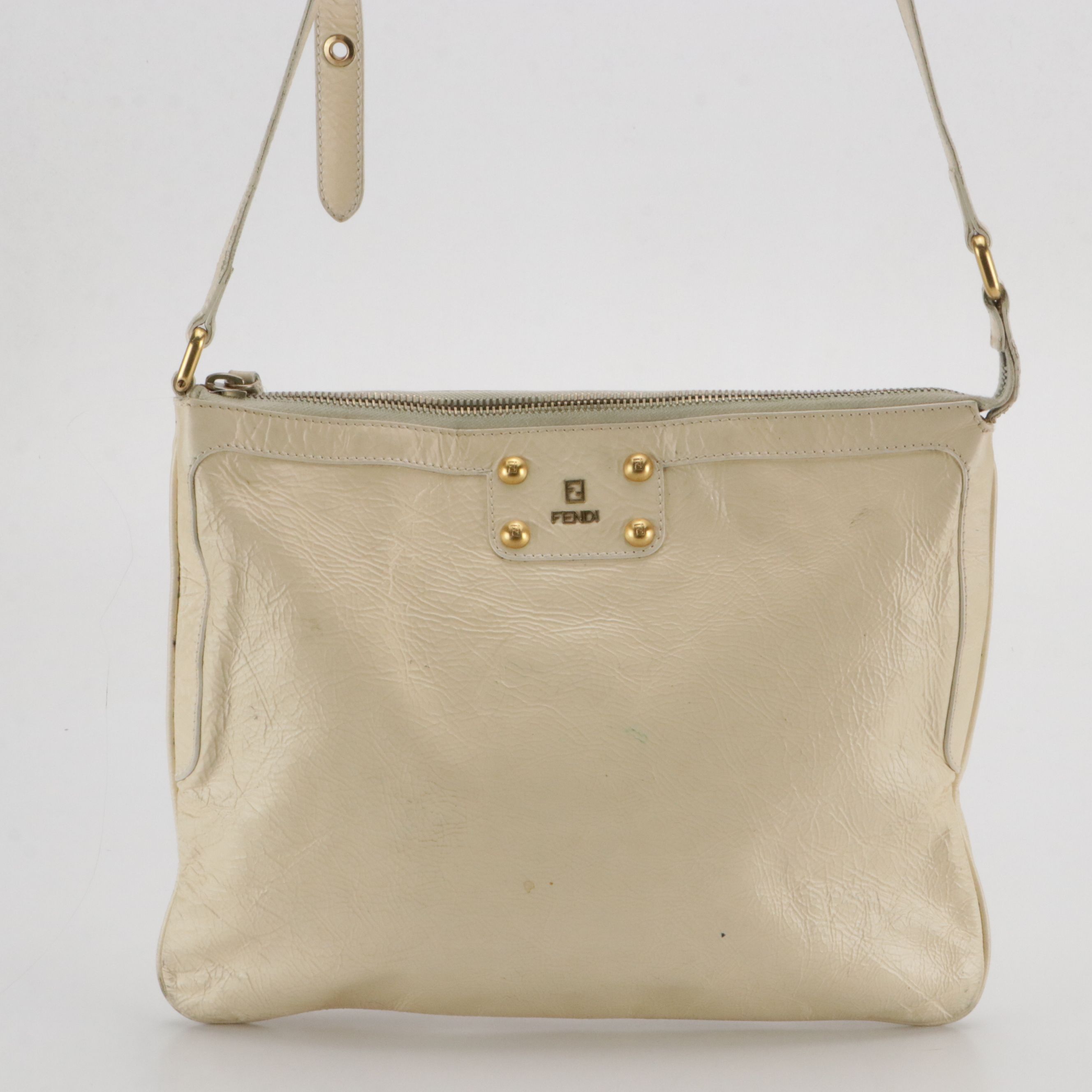 Fendi Crinkled Patent Leather Zip Top Shoulder Bag with Grommet Detail on Strap