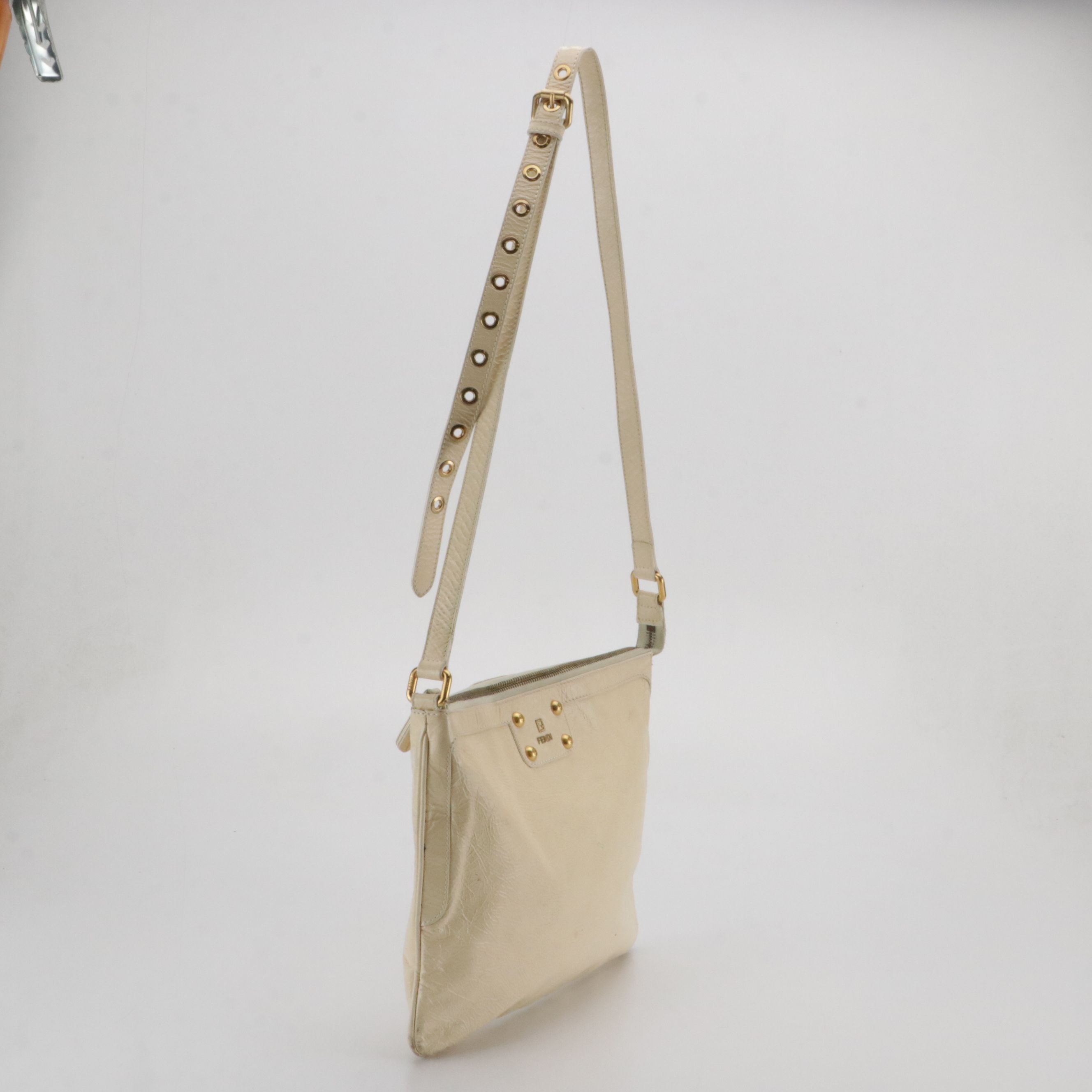 Fendi Crinkled Patent Leather Zip Top Shoulder Bag with Grommet Detail on Strap