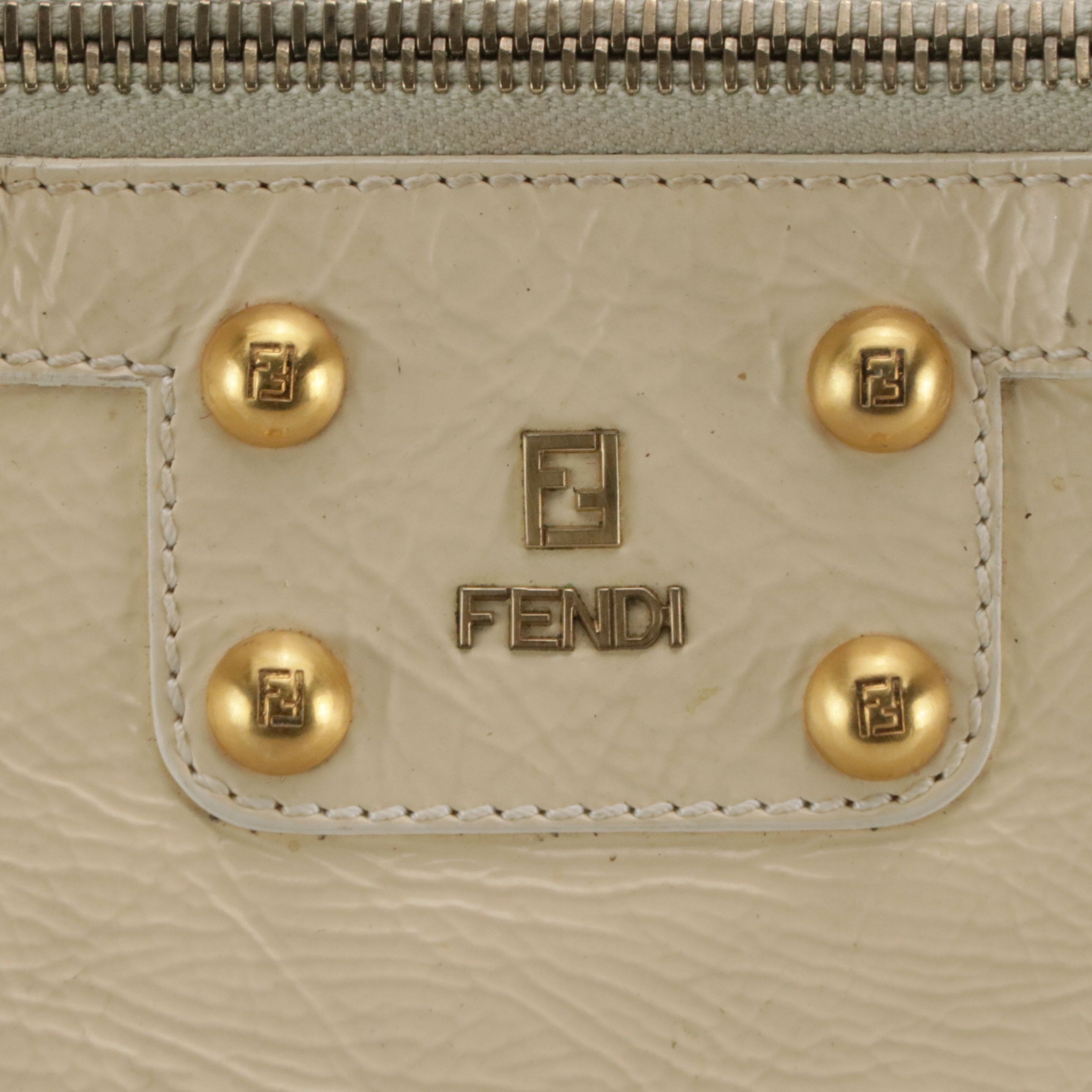 Fendi Crinkled Patent Leather Zip Top Shoulder Bag with Grommet Detail on Strap