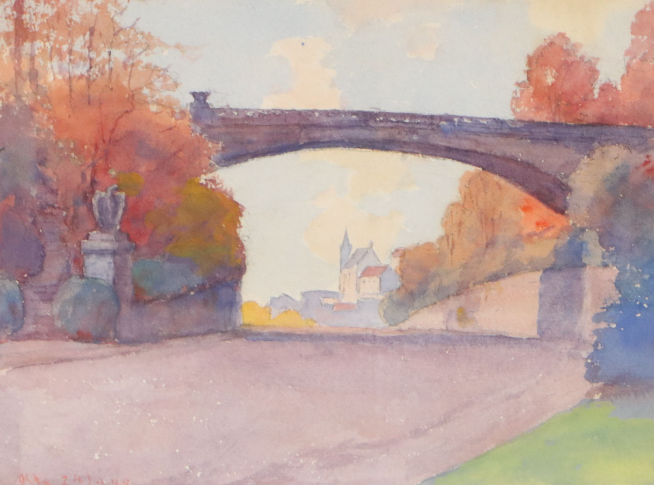 Watercolor Painting of Street Scene with Bridge, Late 20th to 21st Century
