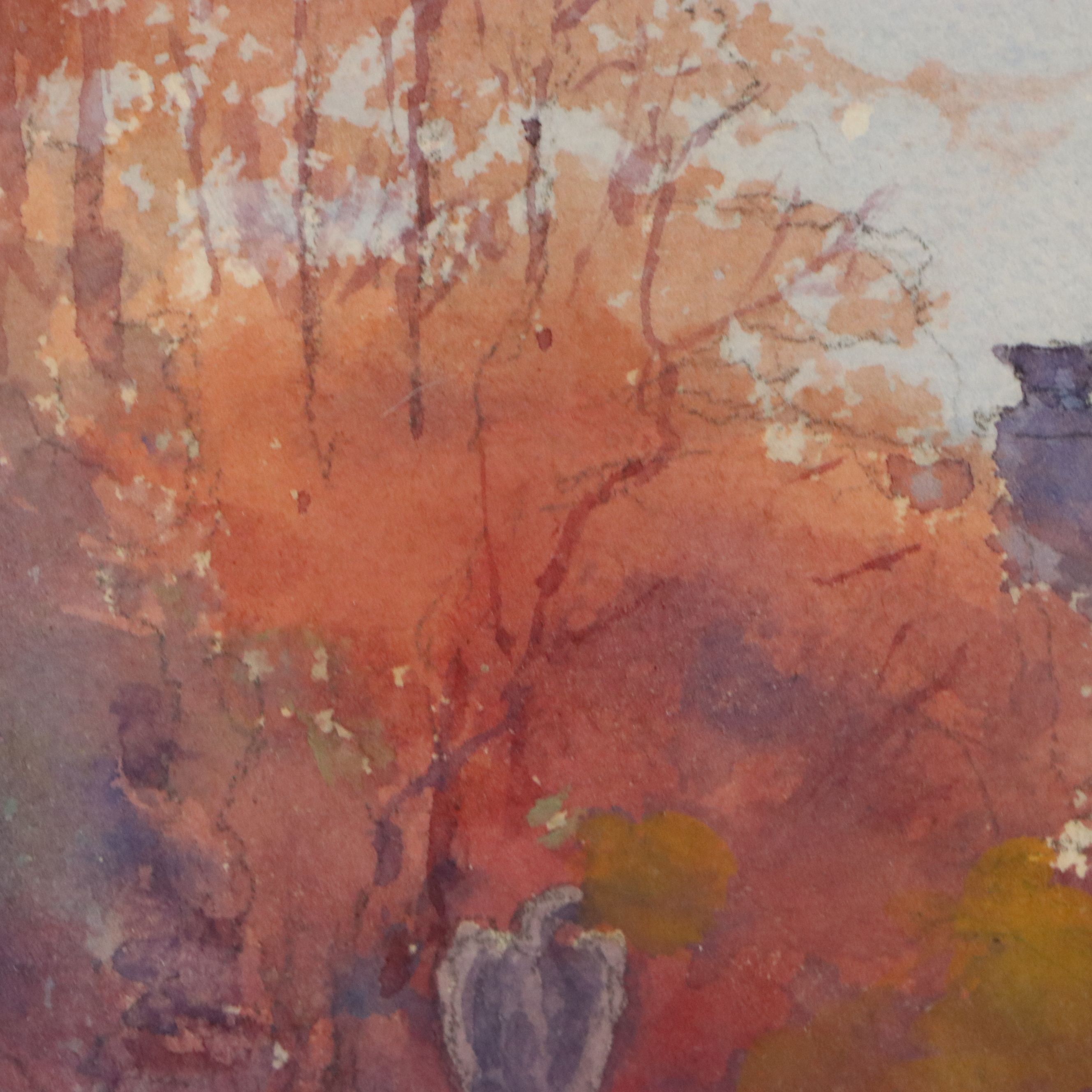 Watercolor Painting of Street Scene with Bridge, Late 20th to 21st Century