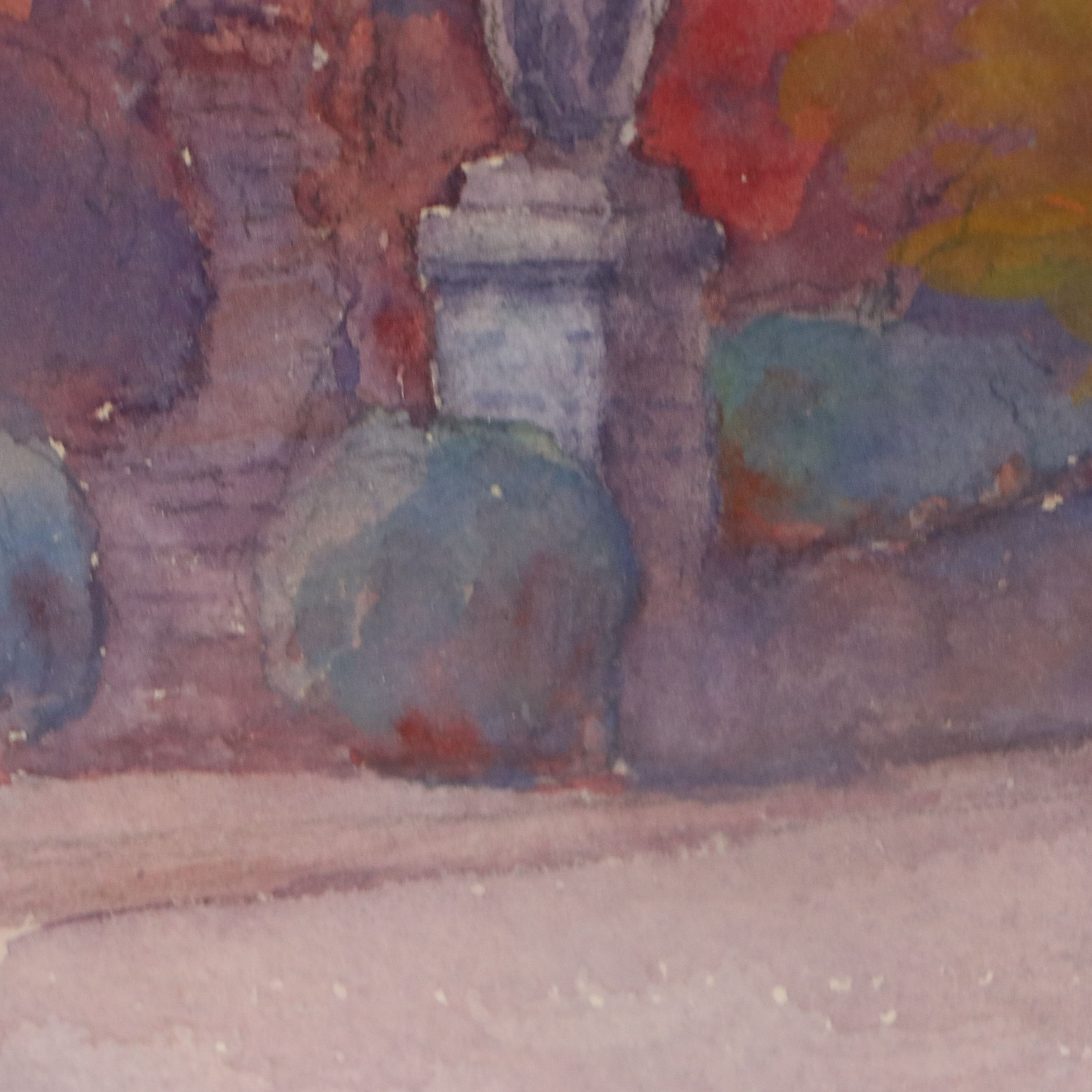 Watercolor Painting of Street Scene with Bridge, Late 20th to 21st Century