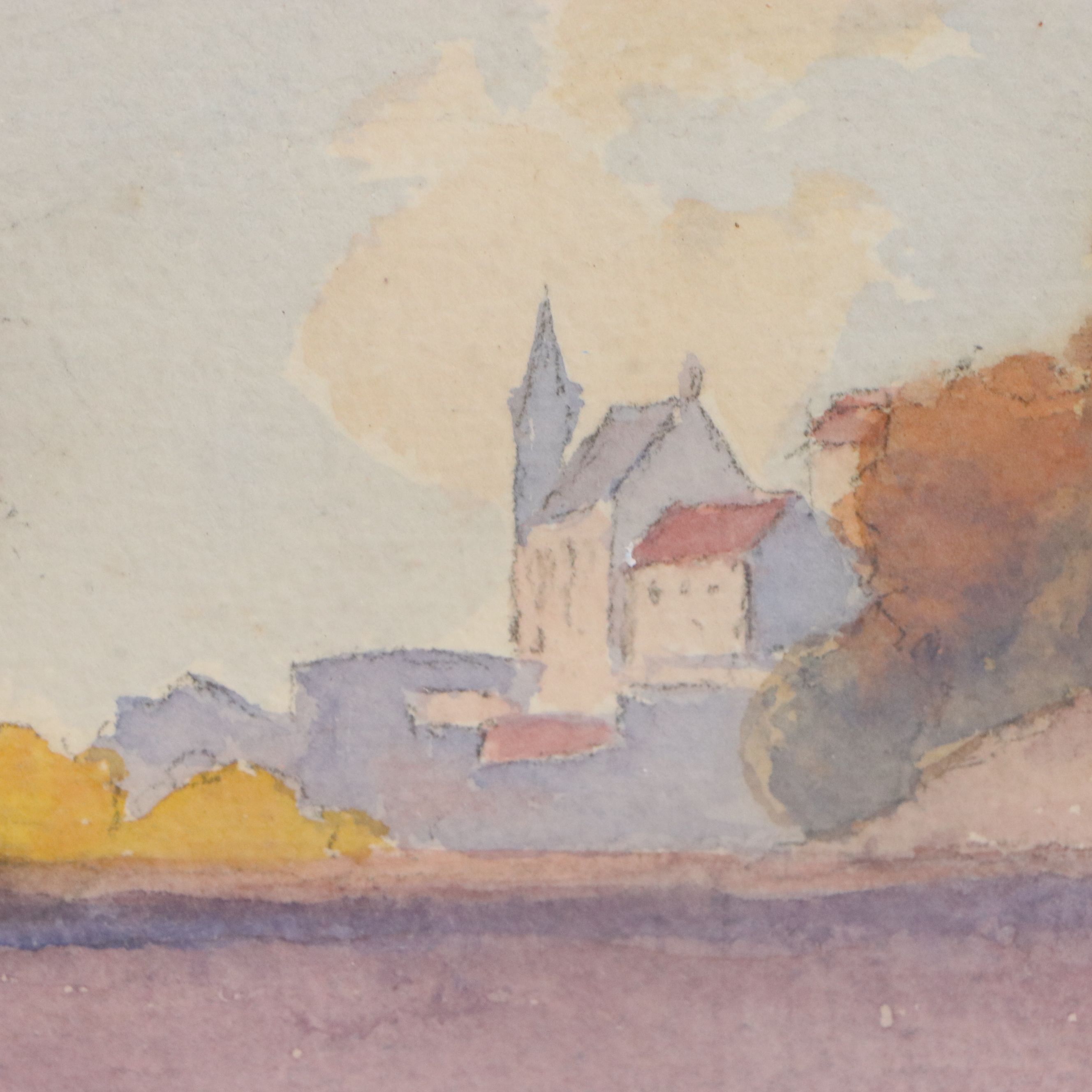 Watercolor Painting of Street Scene with Bridge, Late 20th to 21st Century