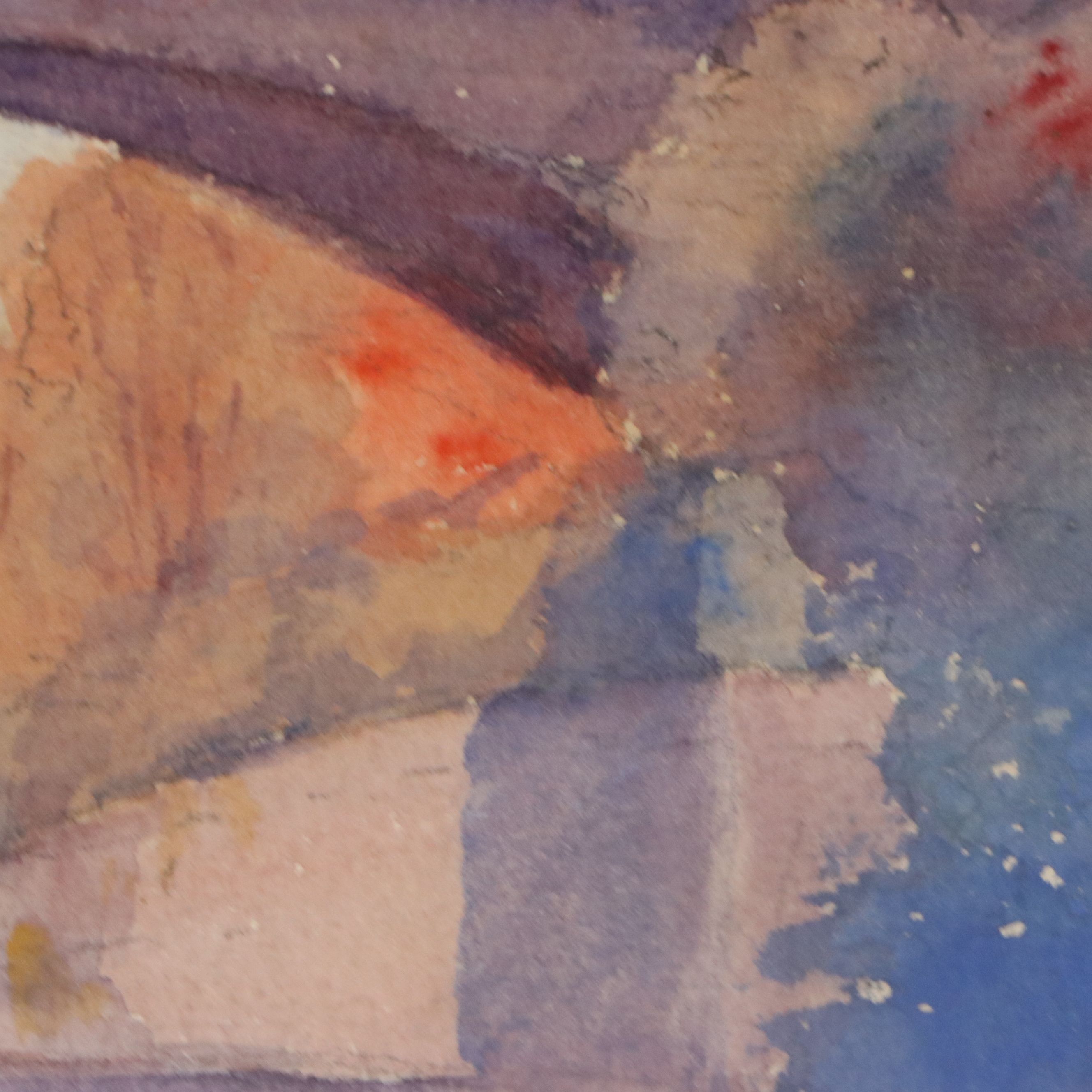 Watercolor Painting of Street Scene with Bridge, Late 20th to 21st Century