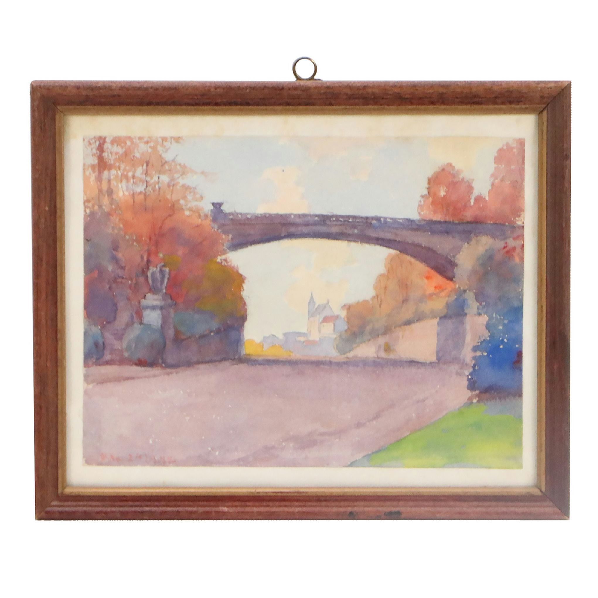 Watercolor Painting of Street Scene with Bridge, Late 20th to 21st Century
