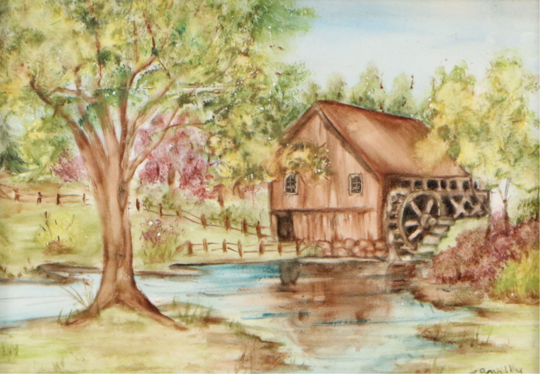 T. Bowlby Folk Art Watercolor Painting of Watermill