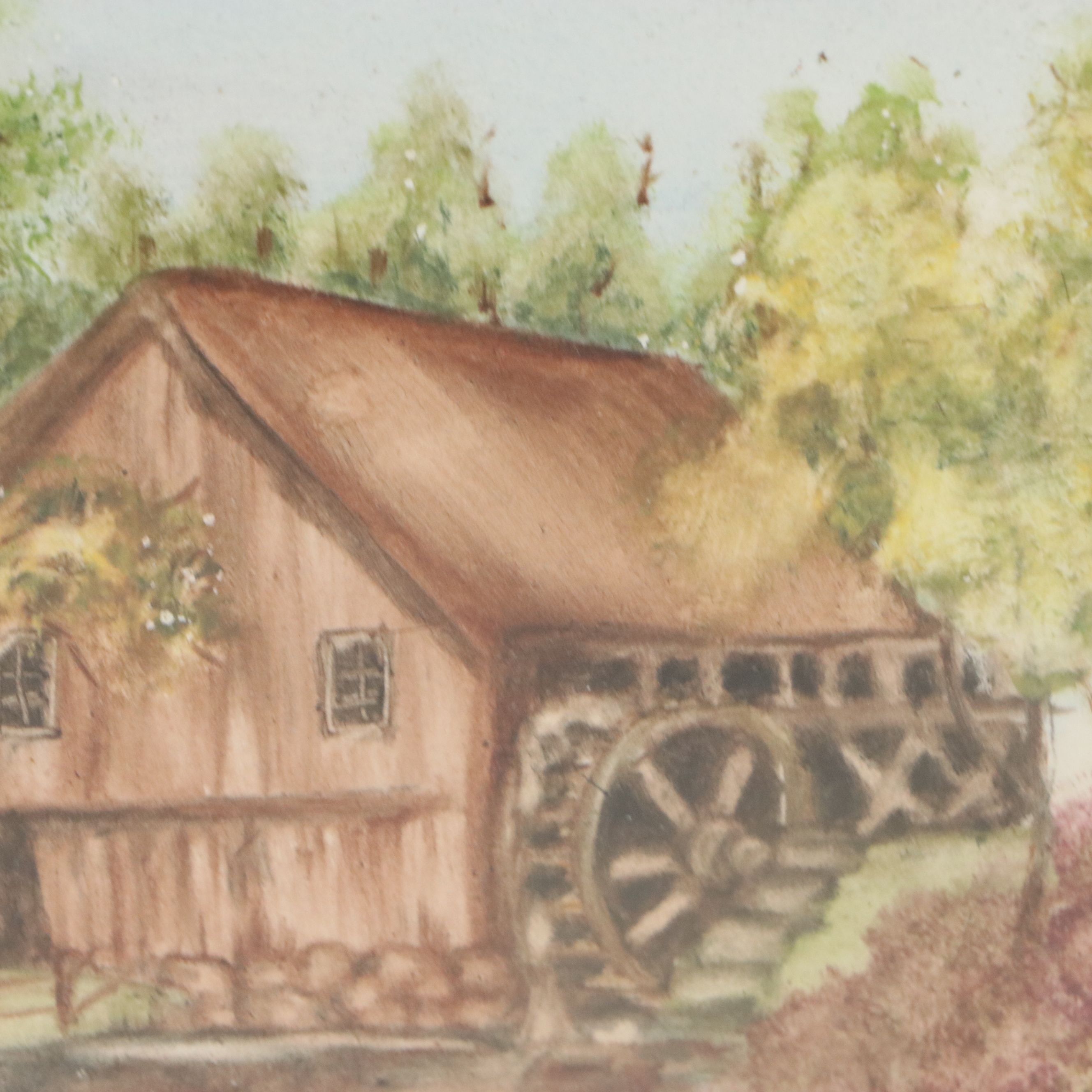 T. Bowlby Folk Art Watercolor Painting of Watermill