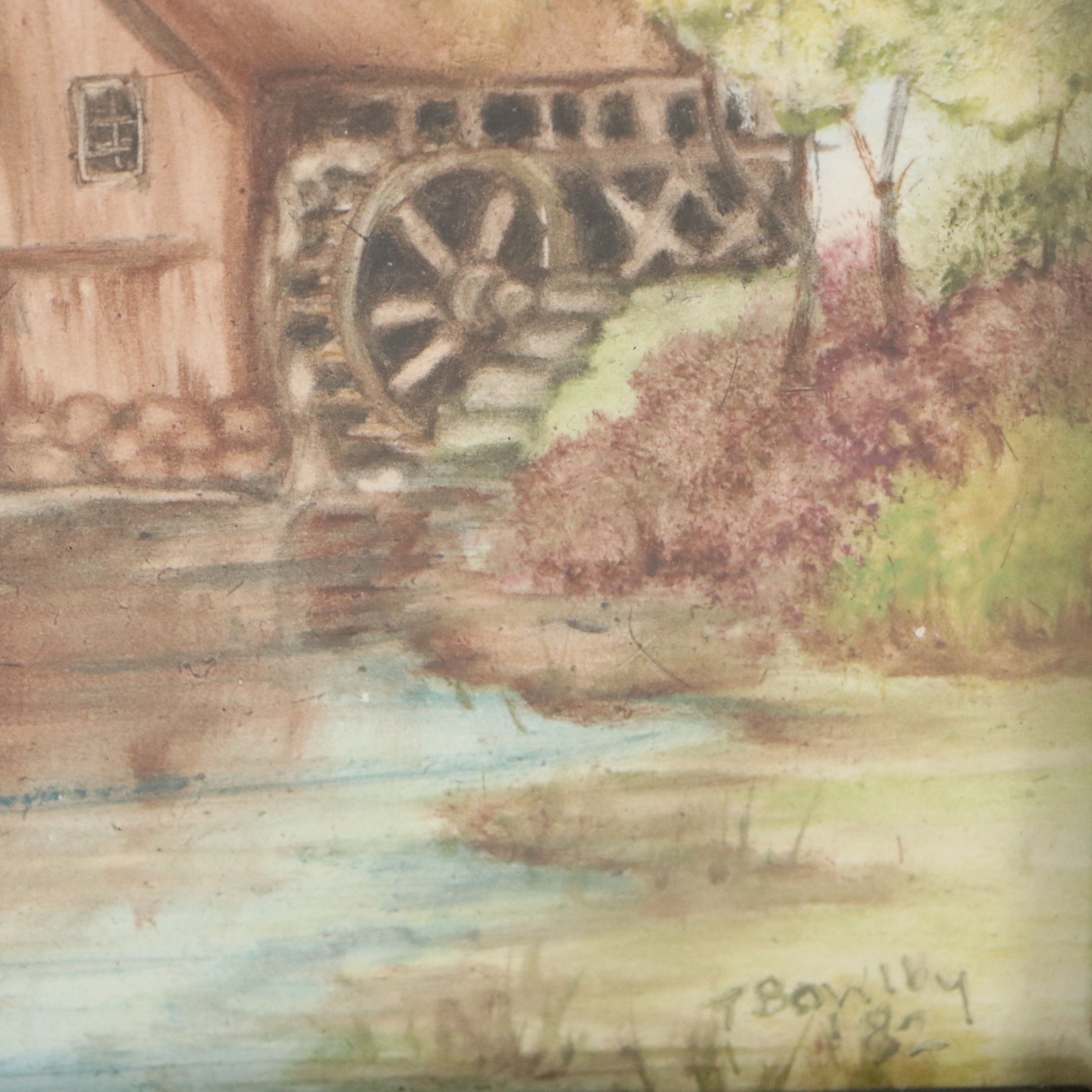 T. Bowlby Folk Art Watercolor Painting of Watermill