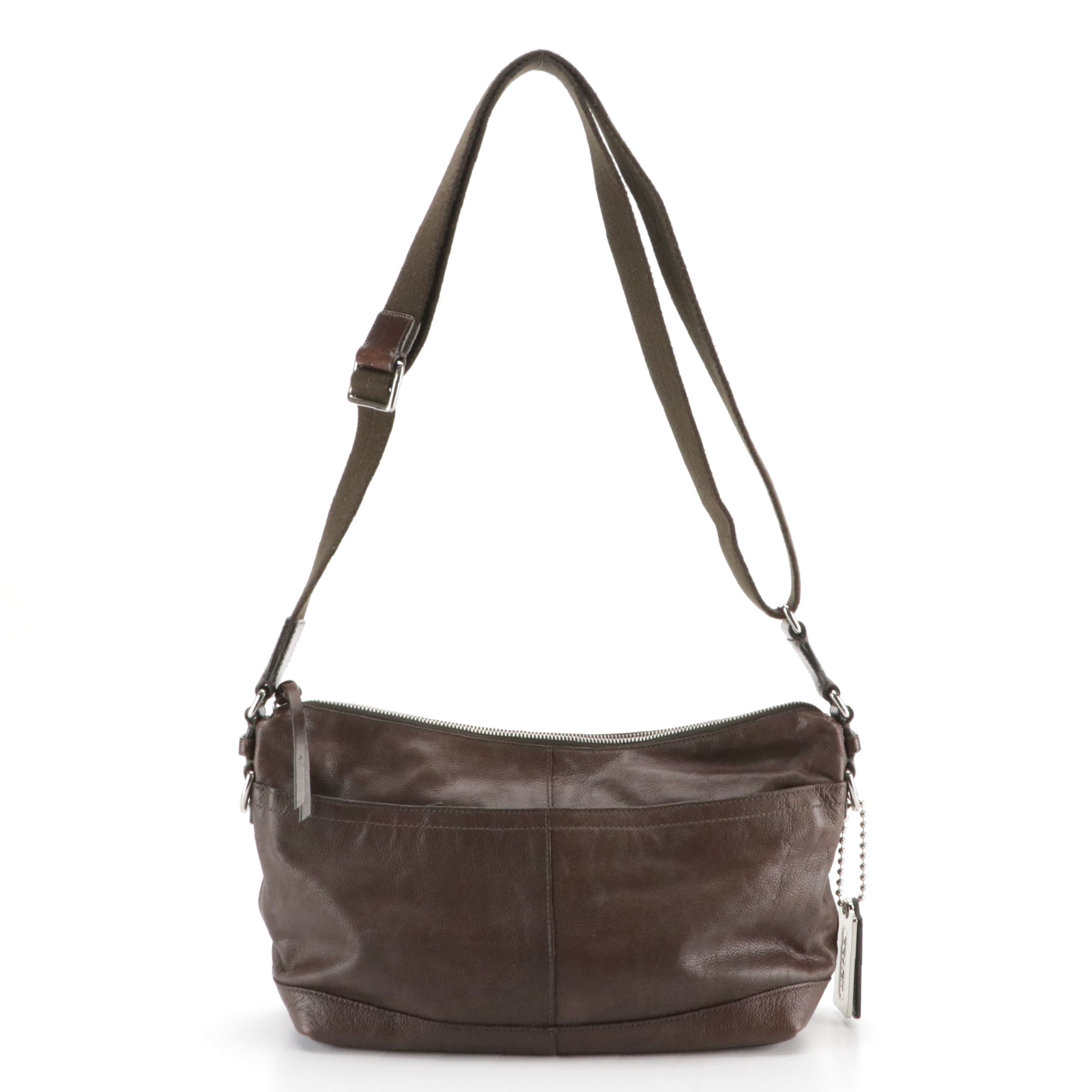 Coach Brown Pebble Grain Leather Web Strap Crossbody Bag