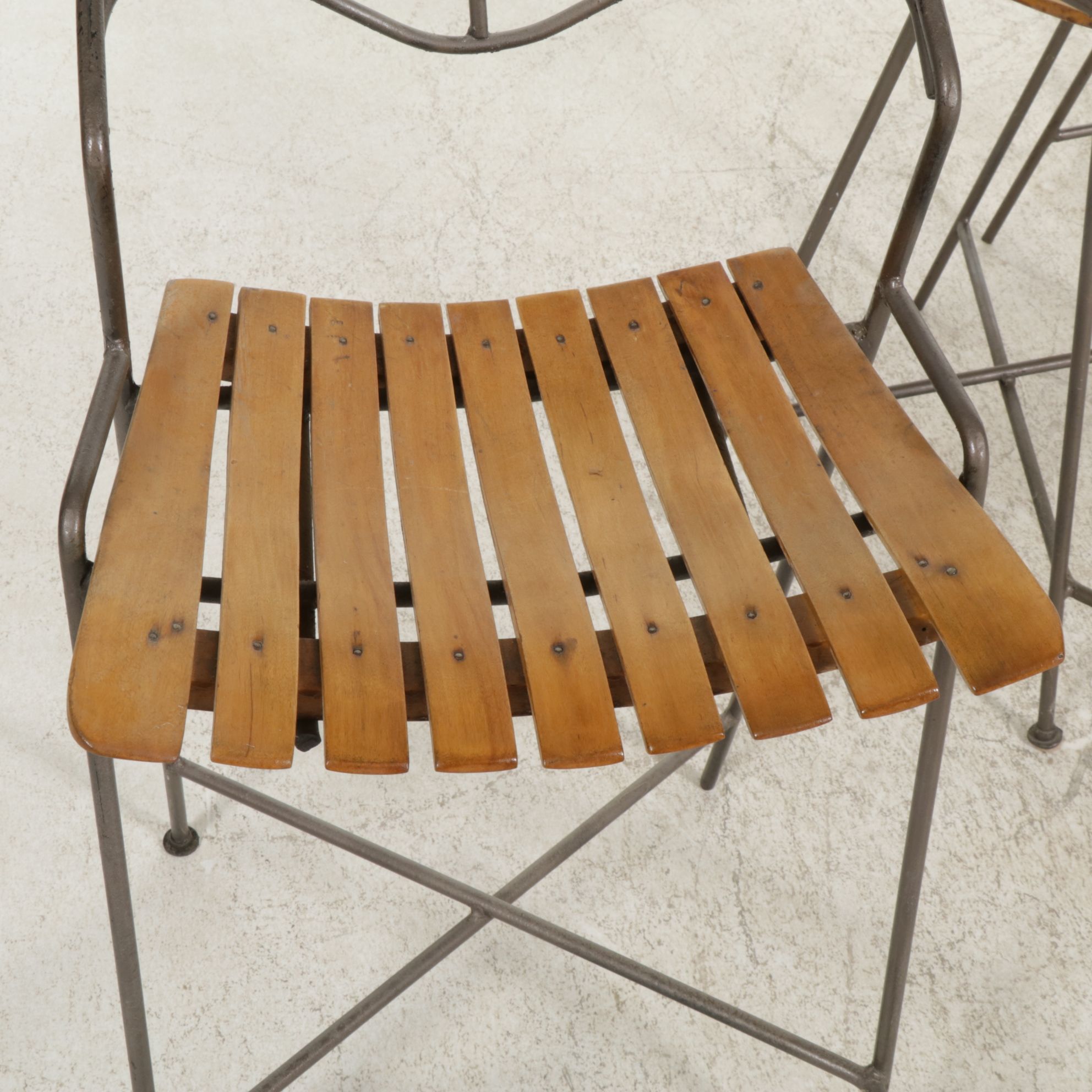 Three Contemporary Wrought Iron Counter Height Stools with Slat Seats
