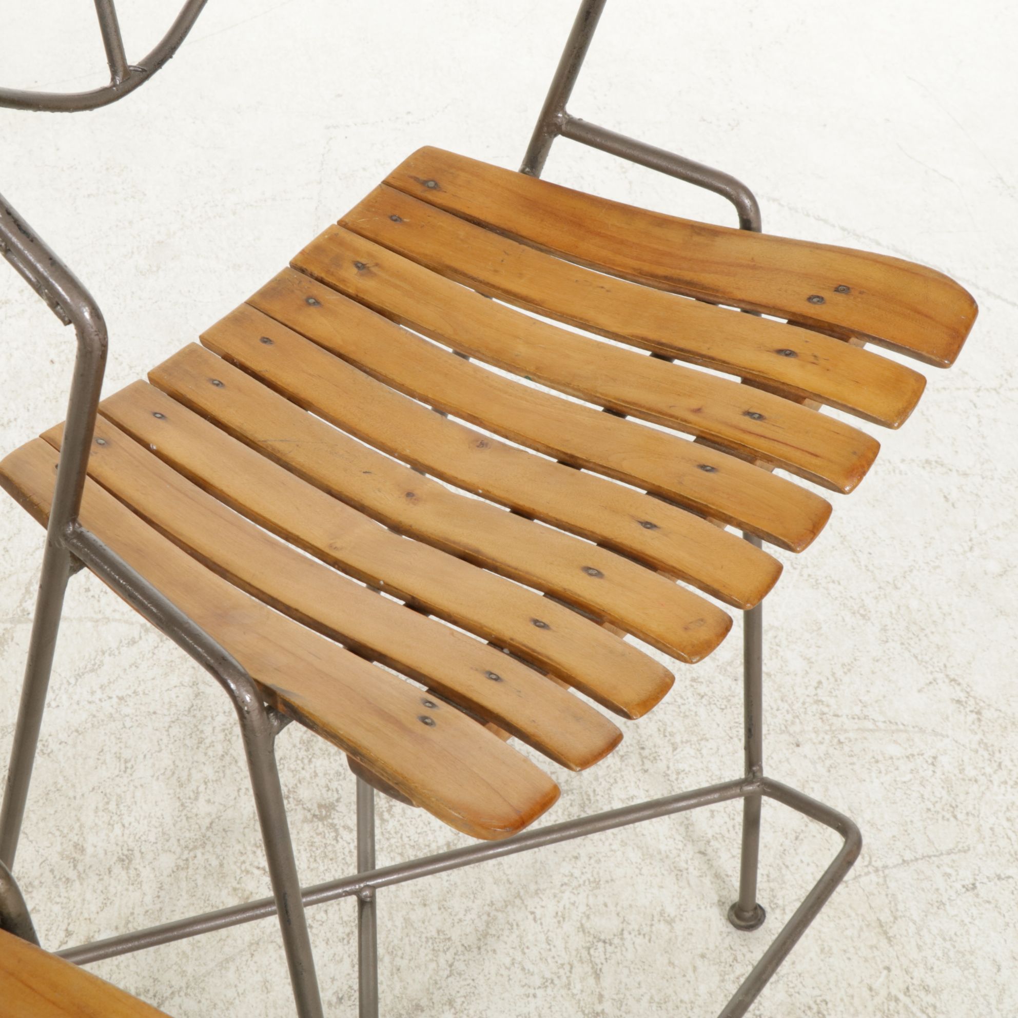 Three Contemporary Wrought Iron Counter Height Stools with Slat Seats