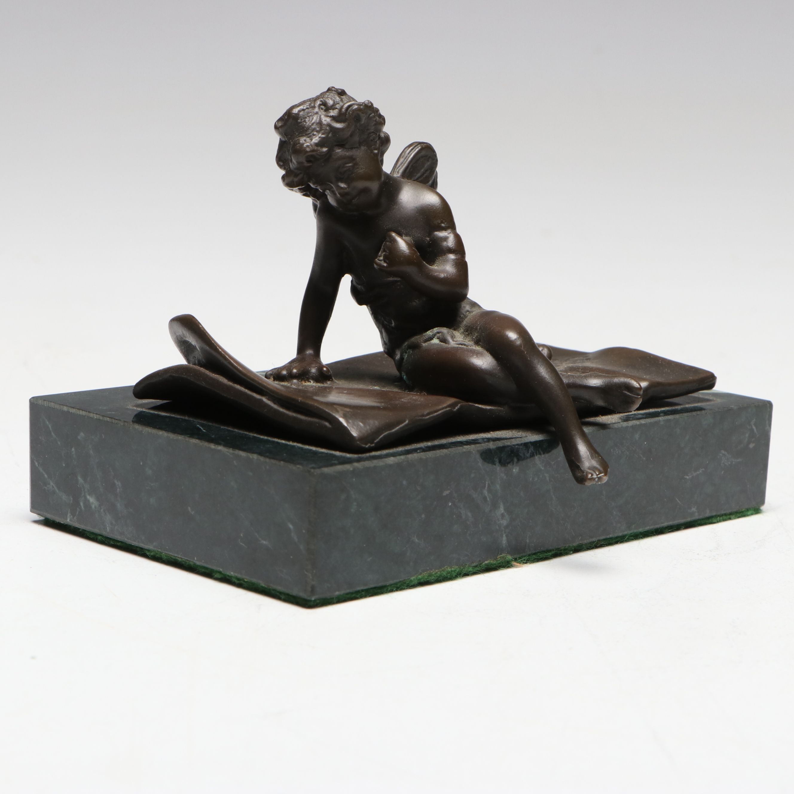 French Ferrand Bronze and Marble Cherub Paperweight, 20th Century