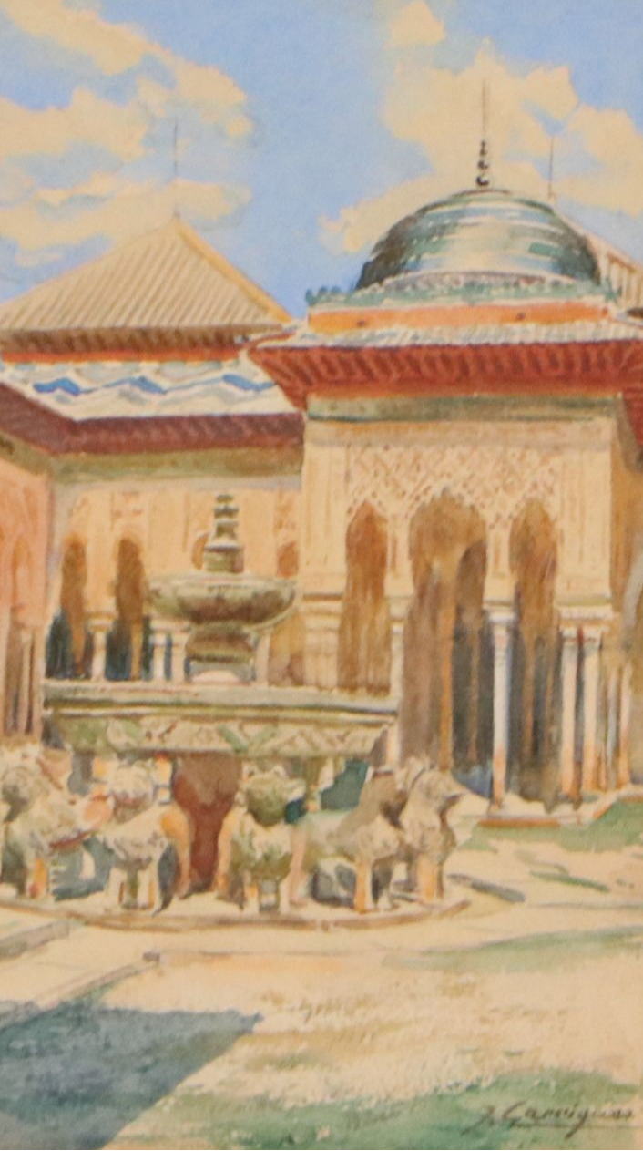 Jose Garrigues Motos Gouache Painting of Fountain at Alhambra Palace