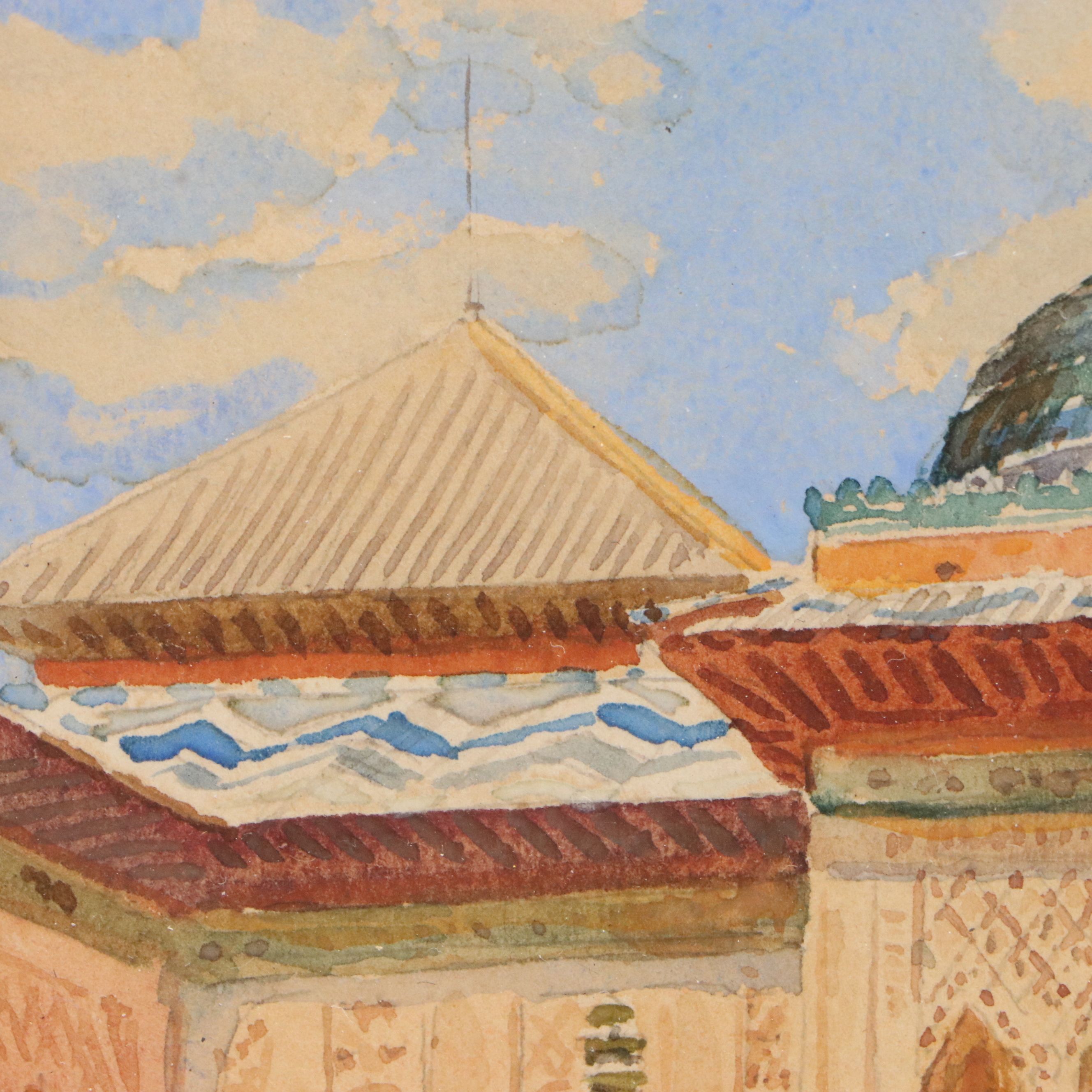 Jose Garrigues Motos Gouache Painting of Fountain at Alhambra Palace