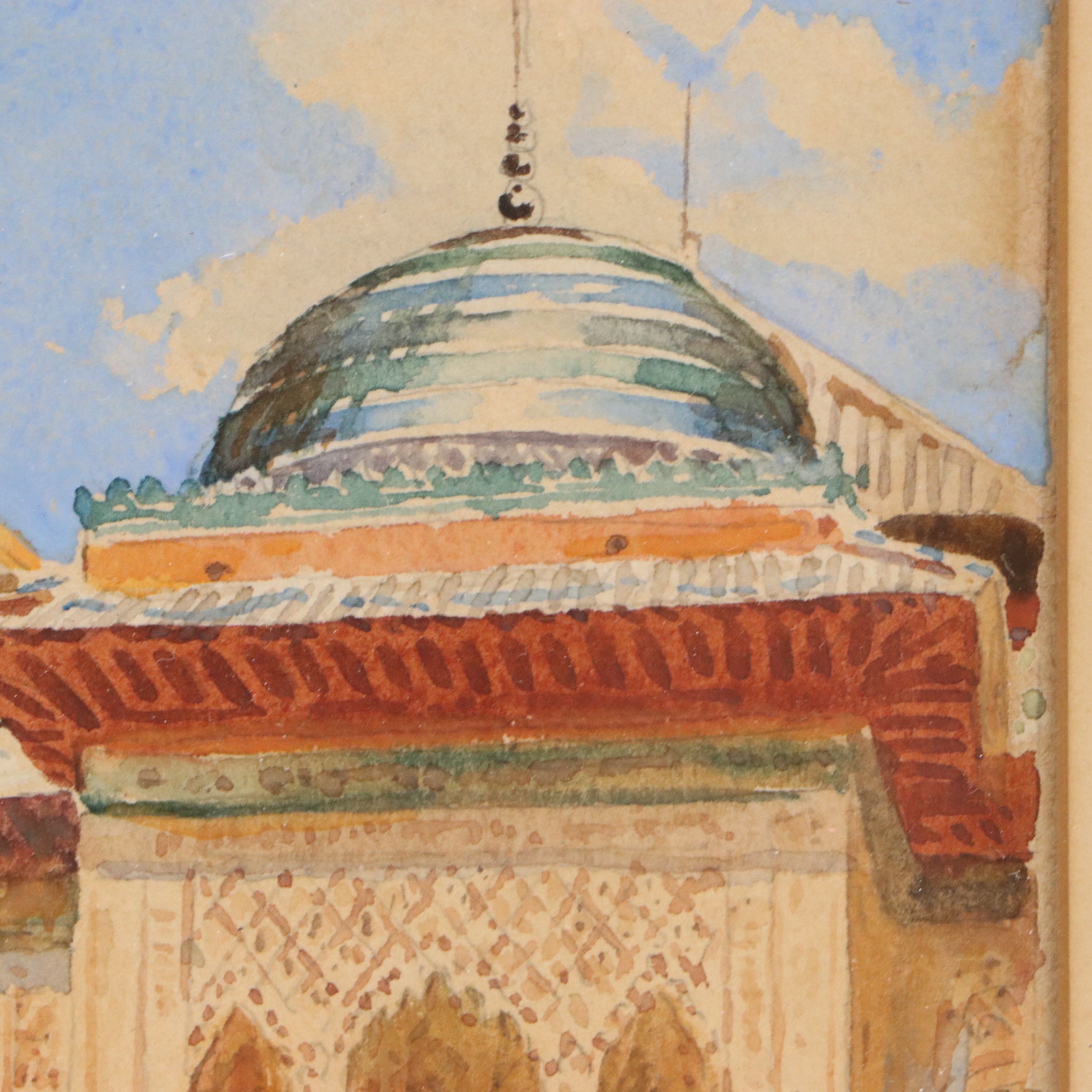 Jose Garrigues Motos Gouache Painting of Fountain at Alhambra Palace