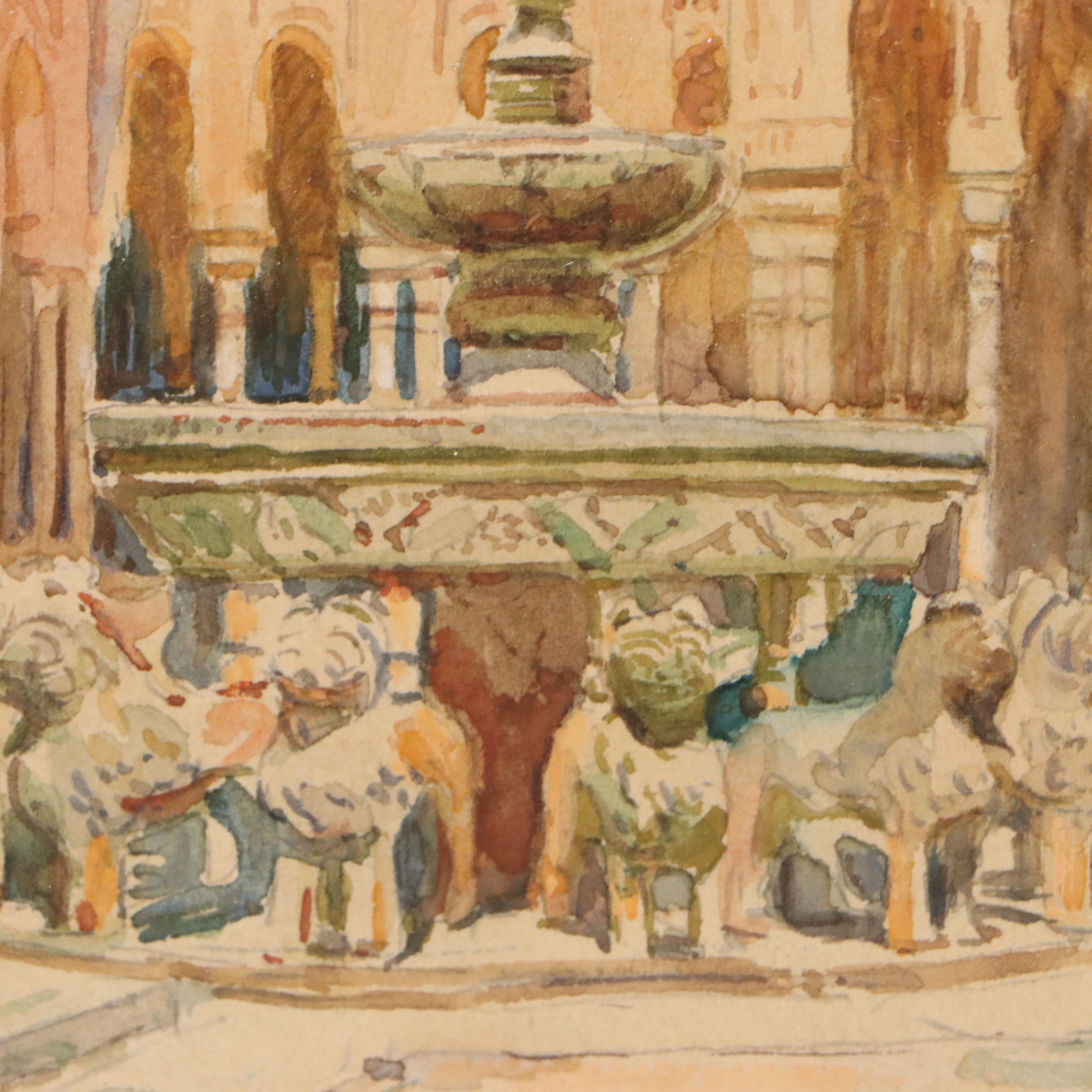 Jose Garrigues Motos Gouache Painting of Fountain at Alhambra Palace