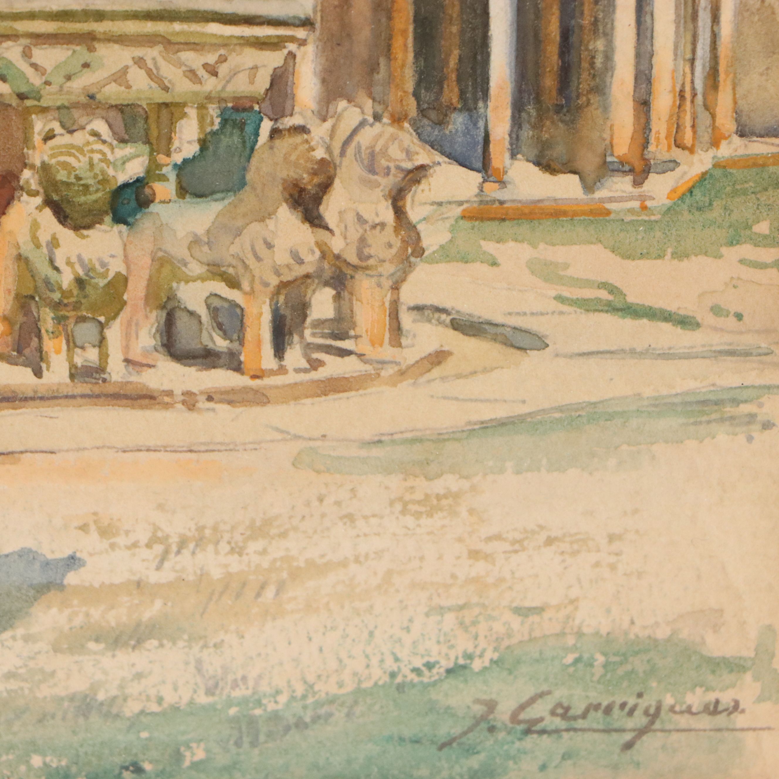 Jose Garrigues Motos Gouache Painting of Fountain at Alhambra Palace