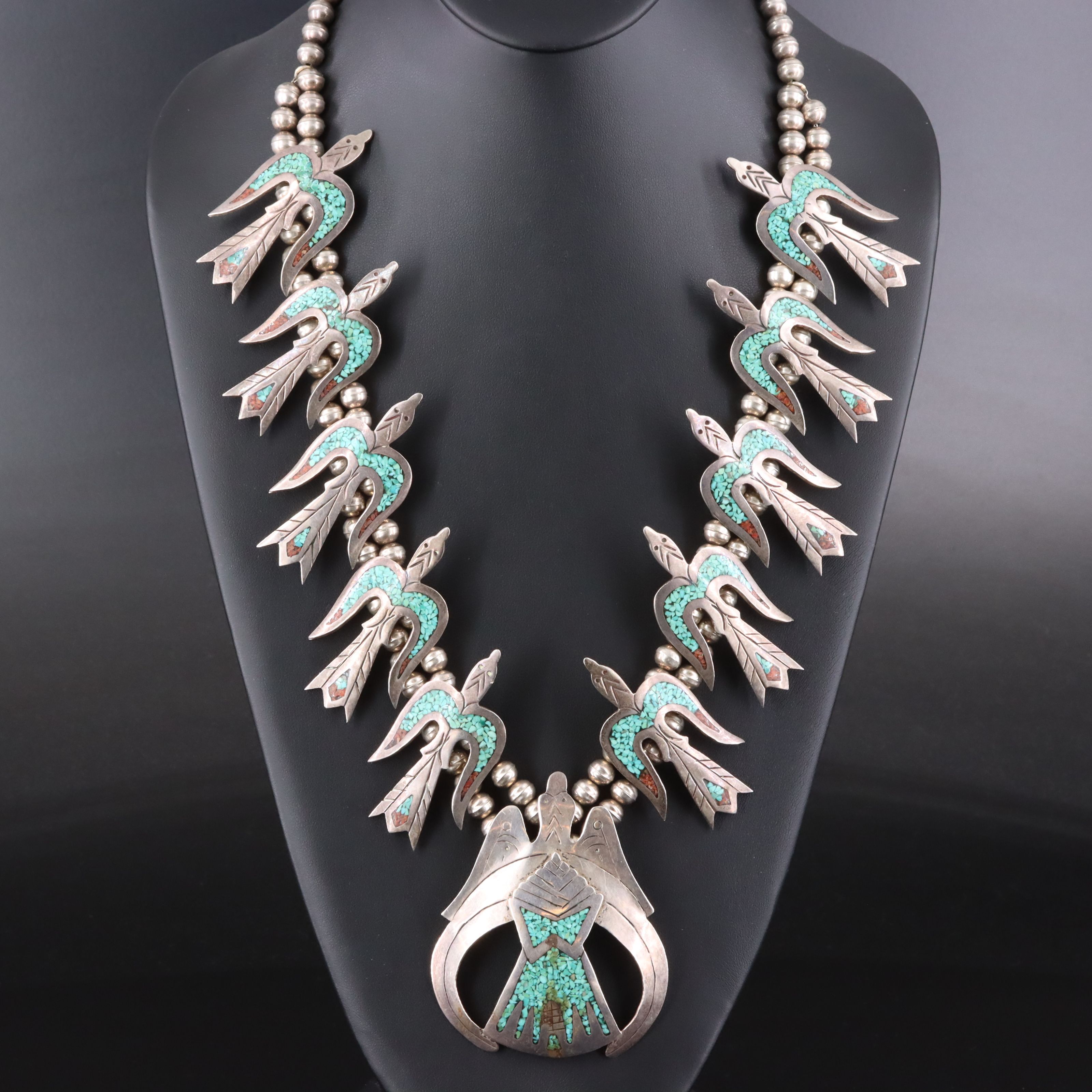 Southwestern Sterling Inlay Peyote Bird Necklace
