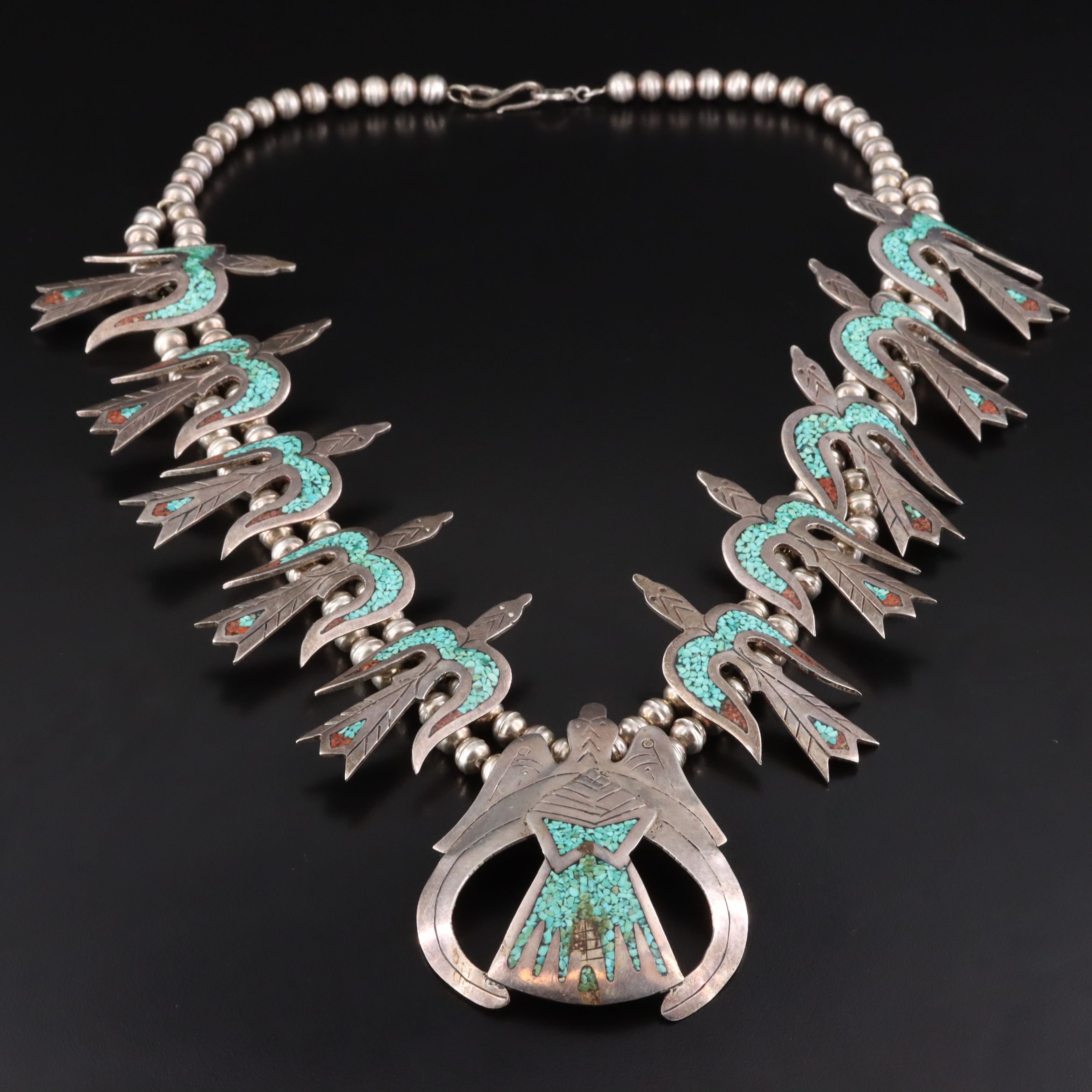 Southwestern Sterling Inlay Peyote Bird Necklace