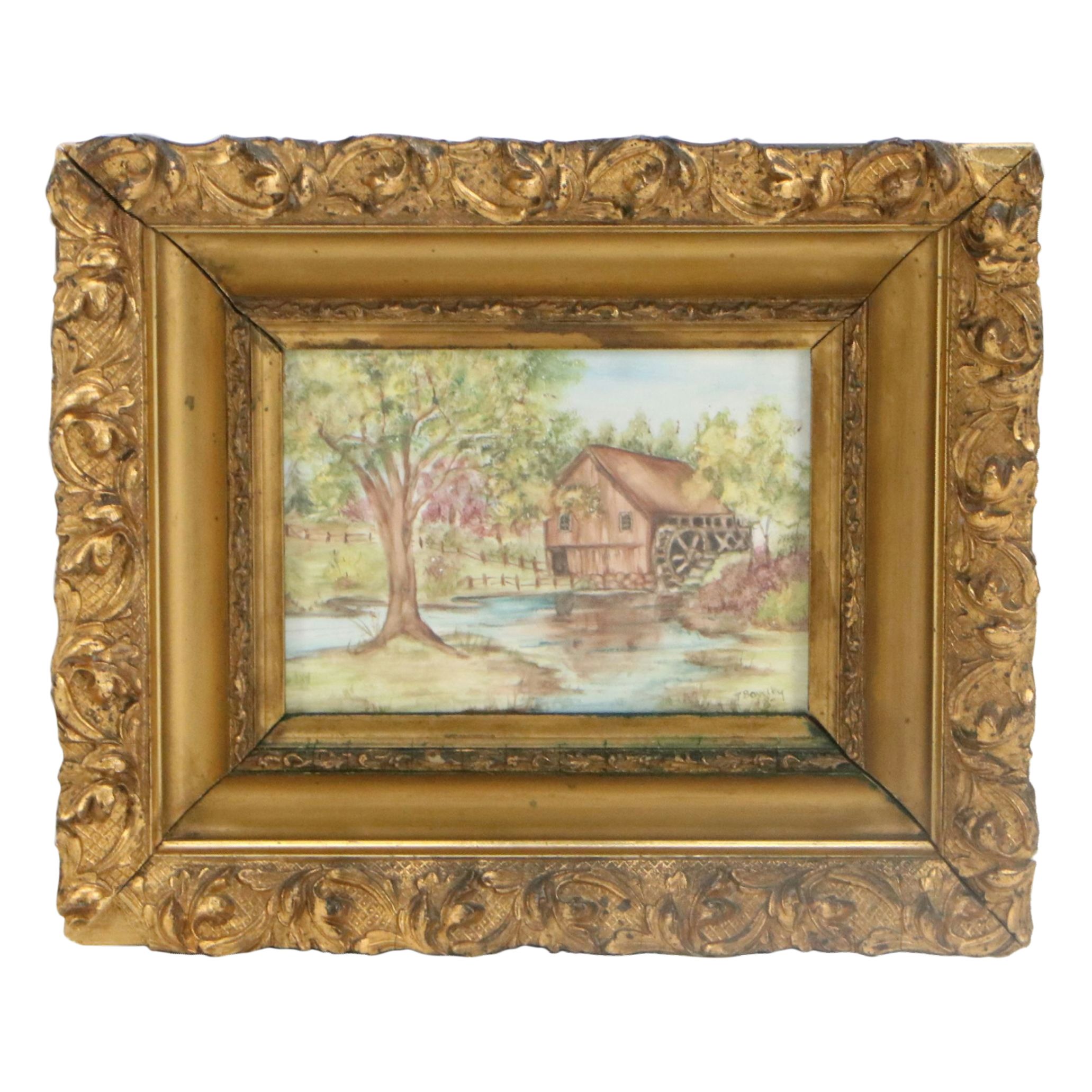 T. Bowlby Folk Art Watercolor Painting of Watermill