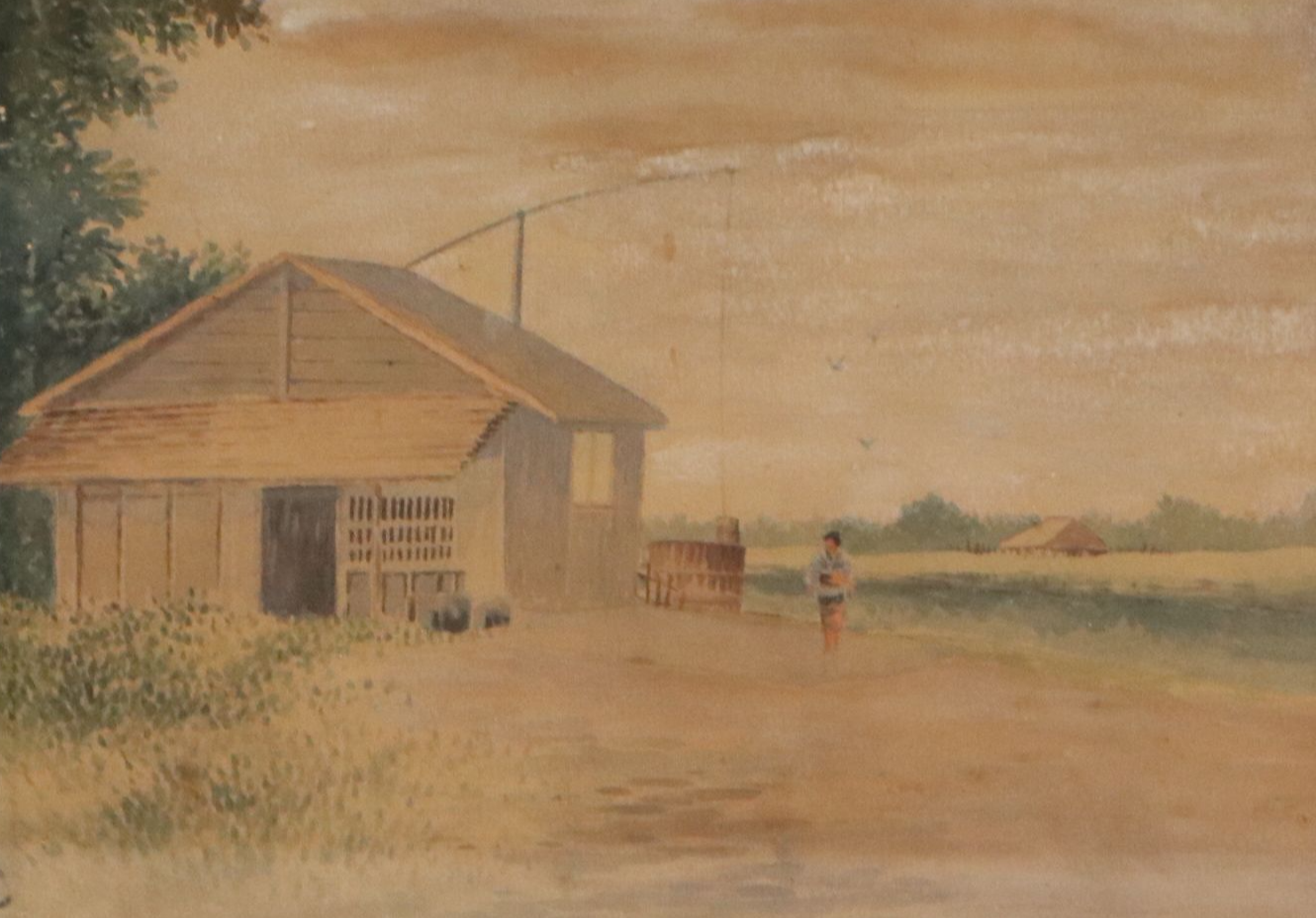 Japanese School Gouache Painting of Riverside Home, Late 19th to 20th Century