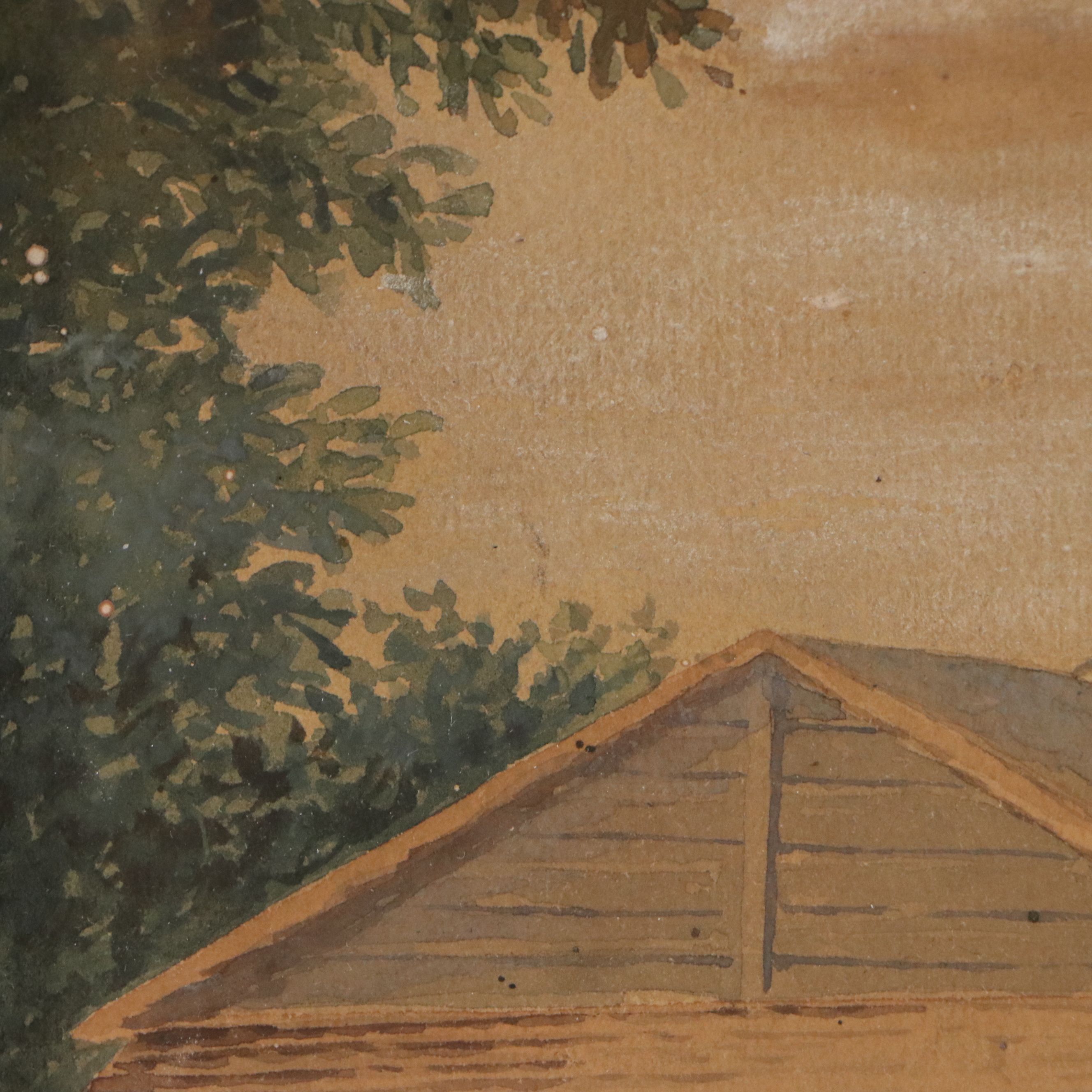 Japanese School Gouache Painting of Riverside Home, Late 19th to 20th Century