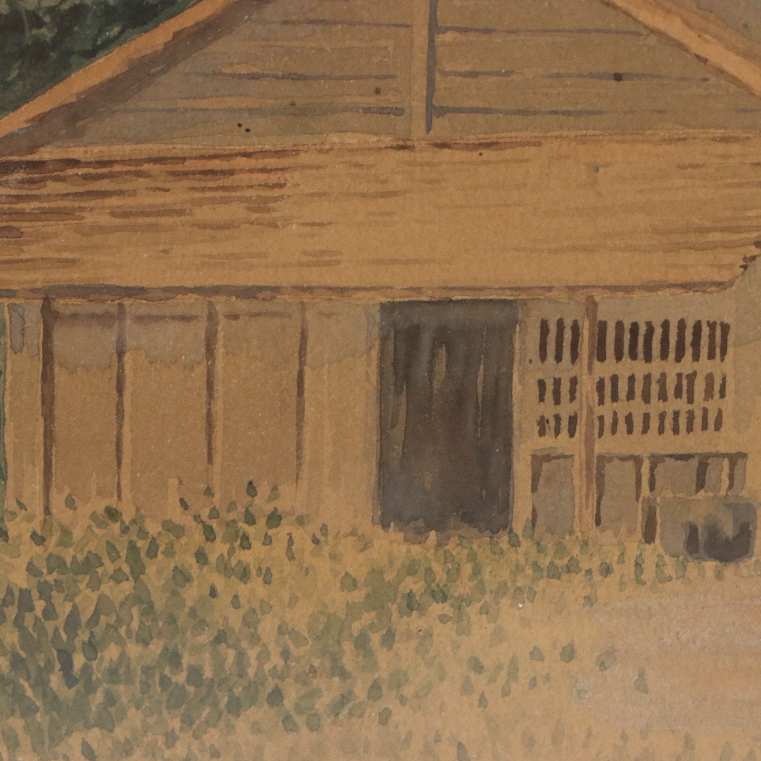 Japanese School Gouache Painting of Riverside Home, Late 19th to 20th Century