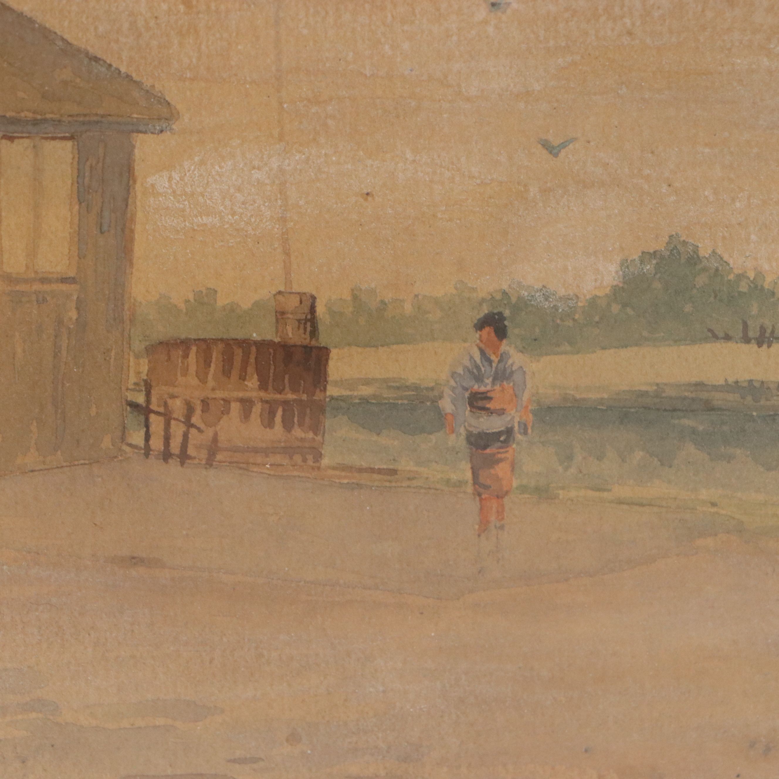 Japanese School Gouache Painting of Riverside Home, Late 19th to 20th Century