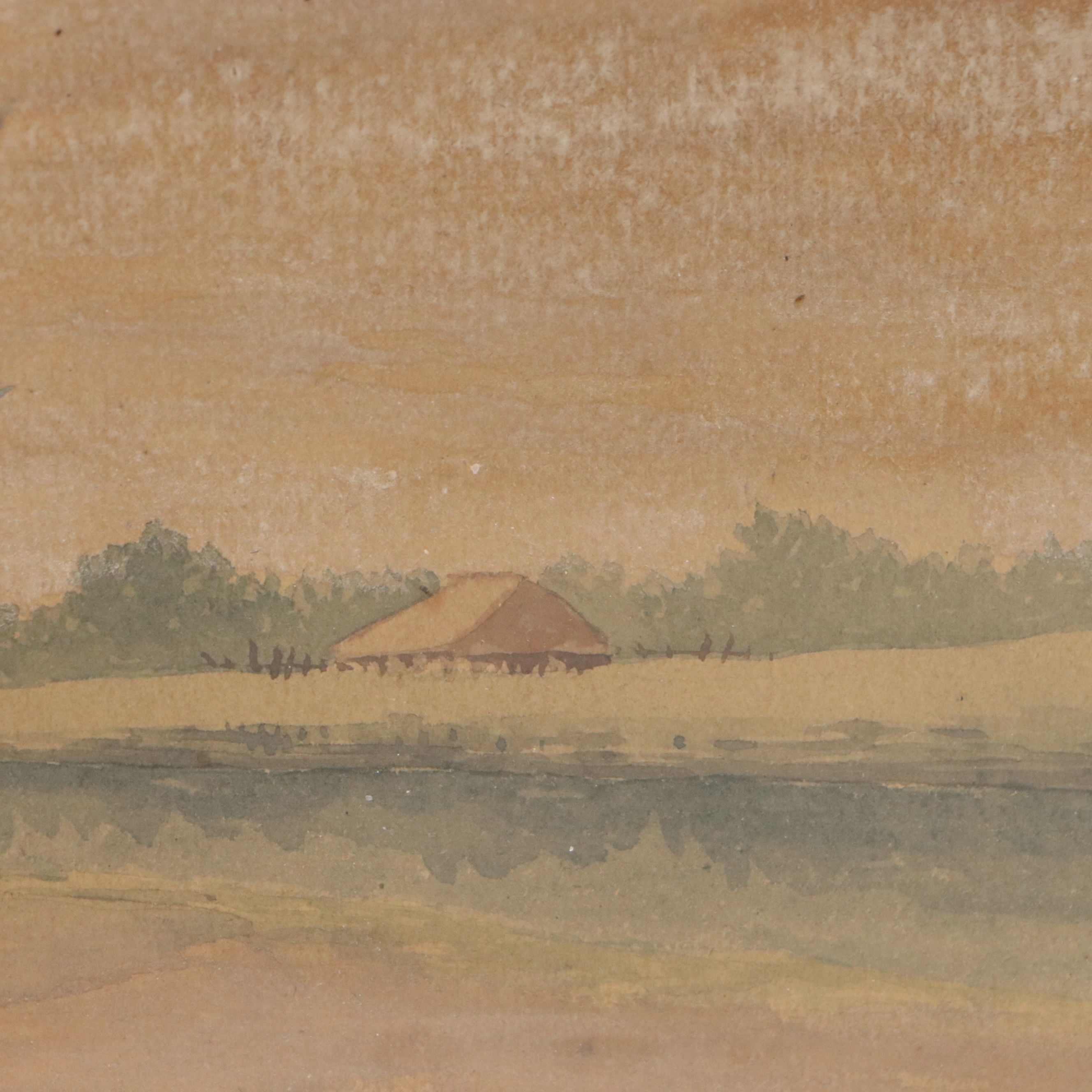 Japanese School Gouache Painting of Riverside Home, Late 19th to 20th Century
