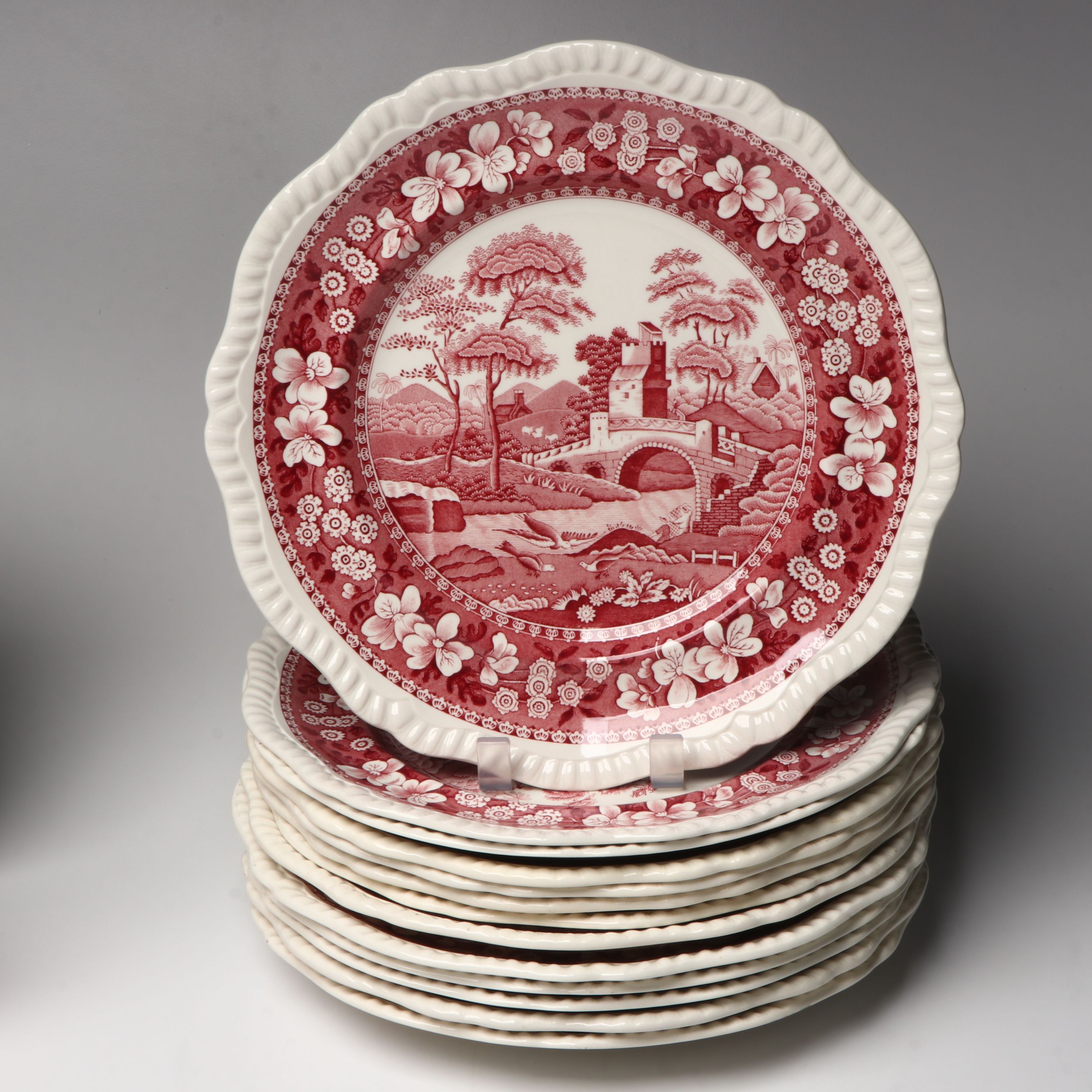 Copeland Spode "Tower" Pink Transferware Dinner Plates and More Serveware