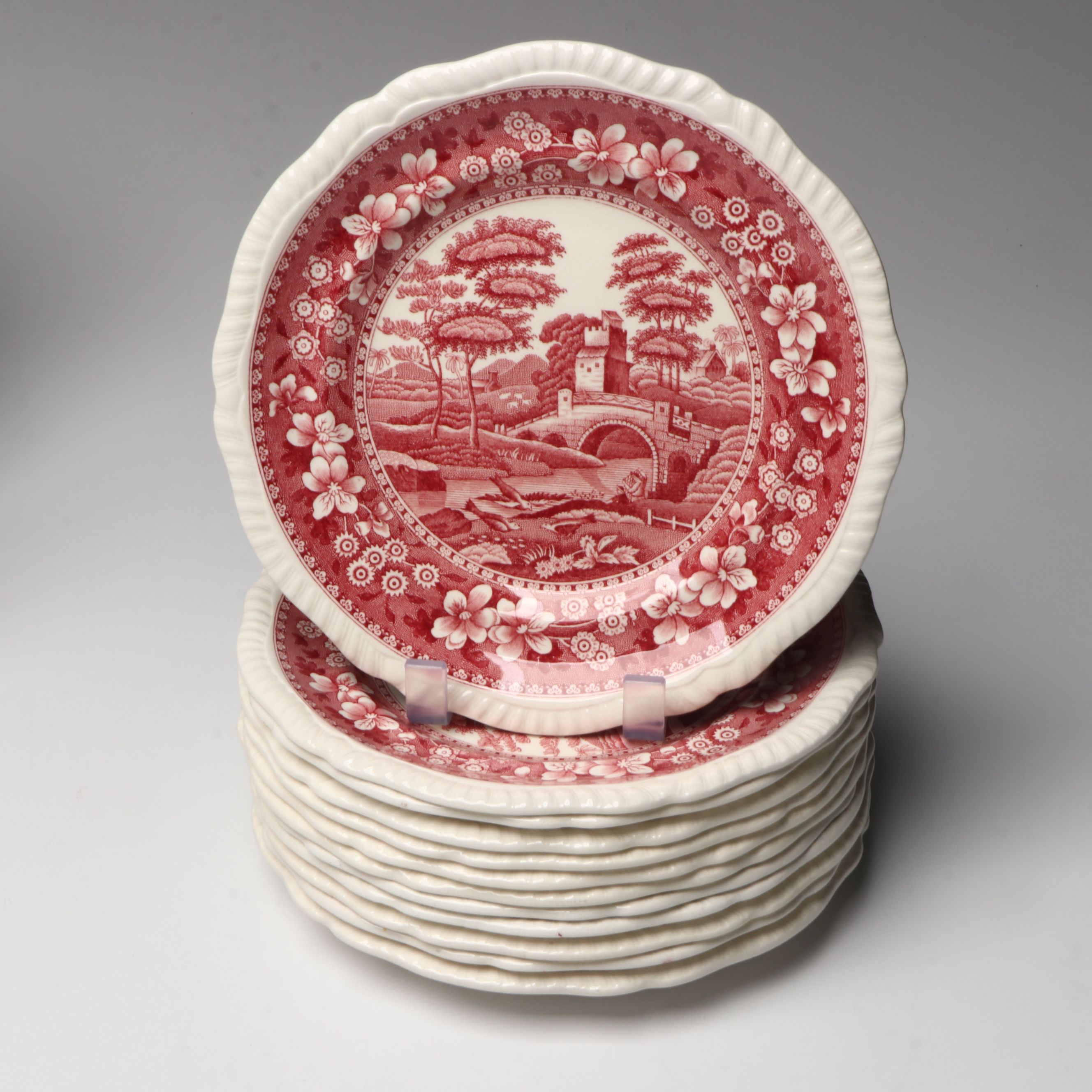 Copeland Spode "Tower" Pink Transferware Dinner Plates and More Serveware