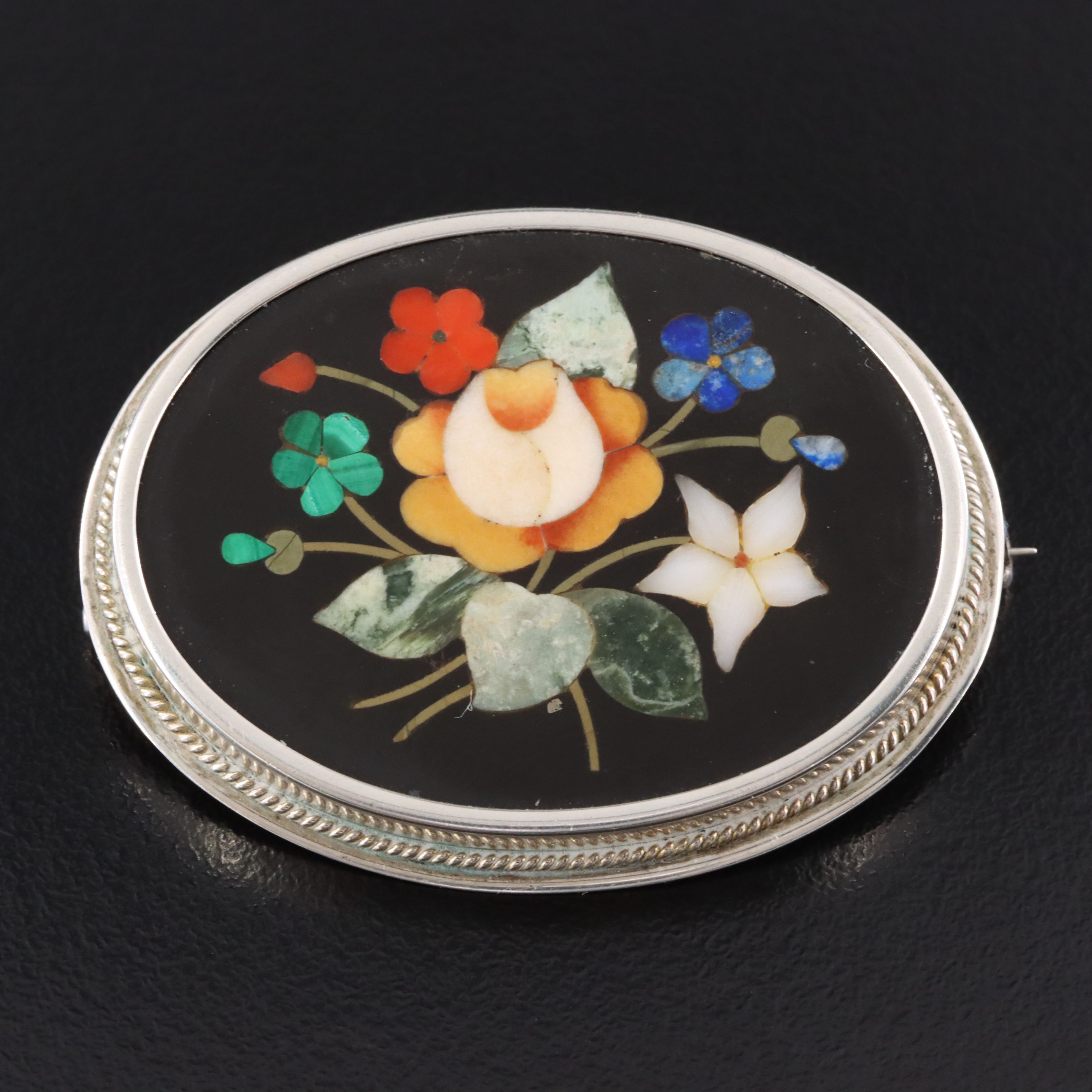 Victorian 800 Silver Pietra Dura Floral Brooch Featuring Coral and Malachite