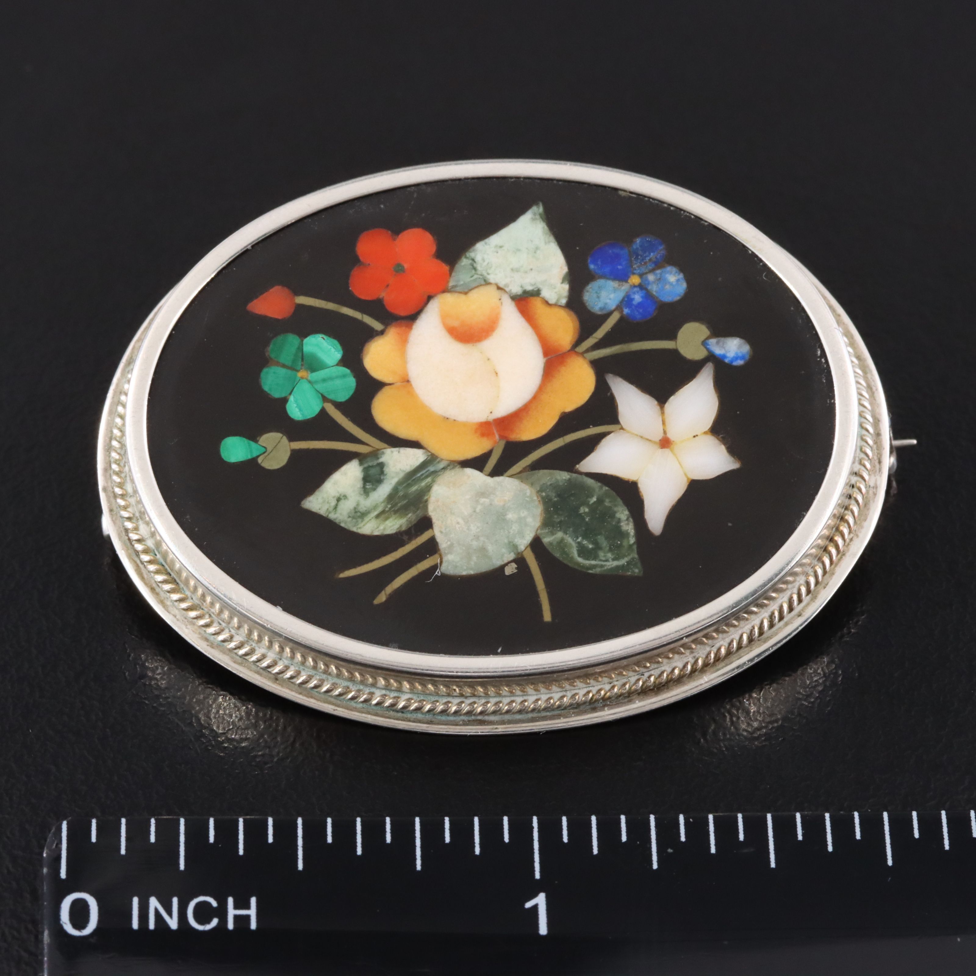 Victorian 800 Silver Pietra Dura Floral Brooch Featuring Coral and Malachite