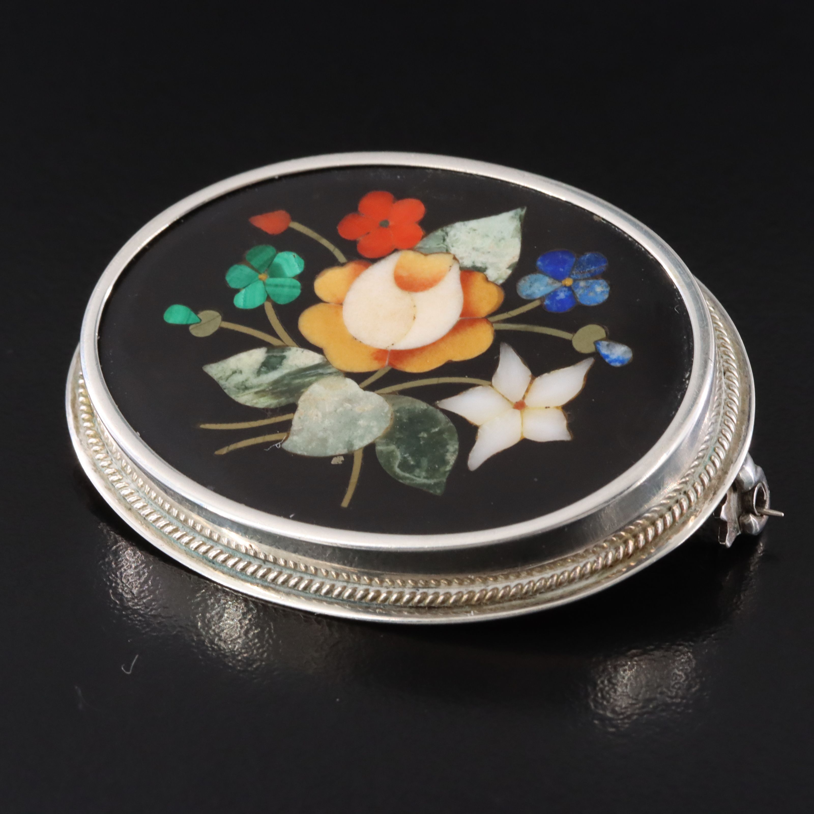 Victorian 800 Silver Pietra Dura Floral Brooch Featuring Coral and Malachite
