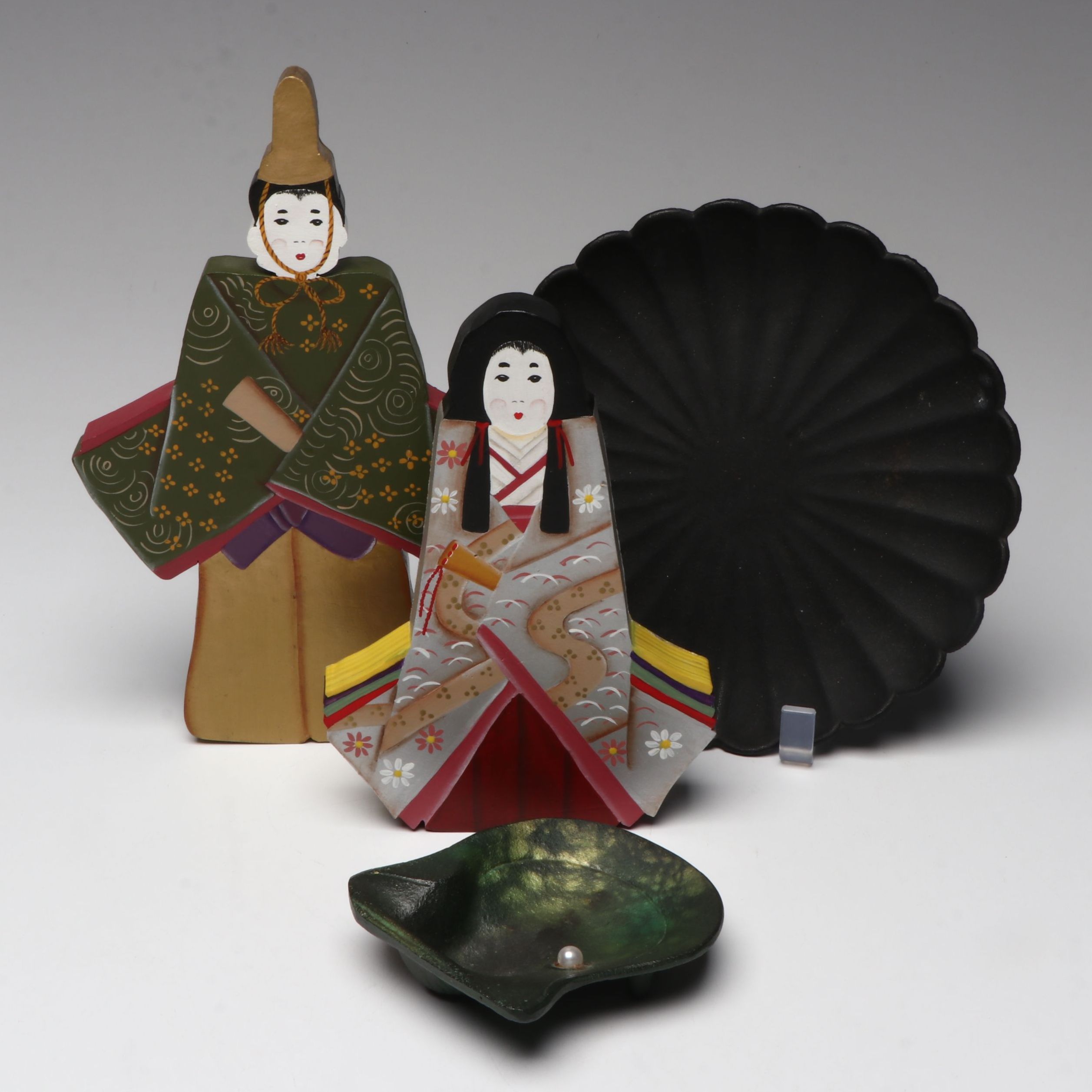 Japanese Hand-Painted Wooden Dolls and Cast Iron Plates