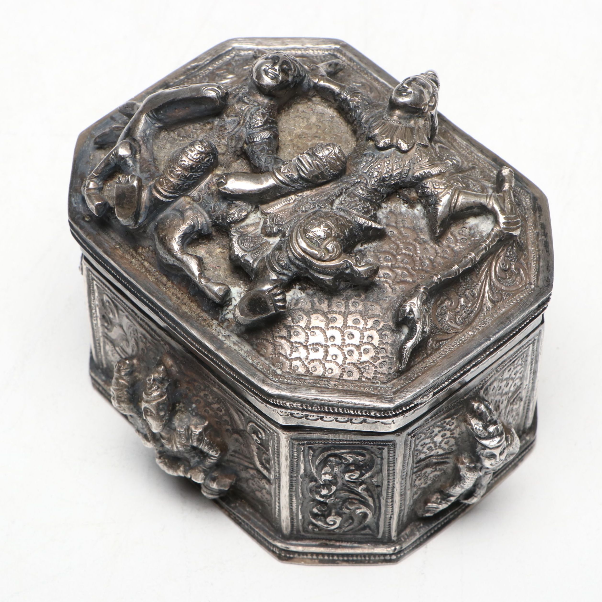 Burmese Sterling Repoussé Figural Betel Lime Box, Late 19th/Early 20th C.