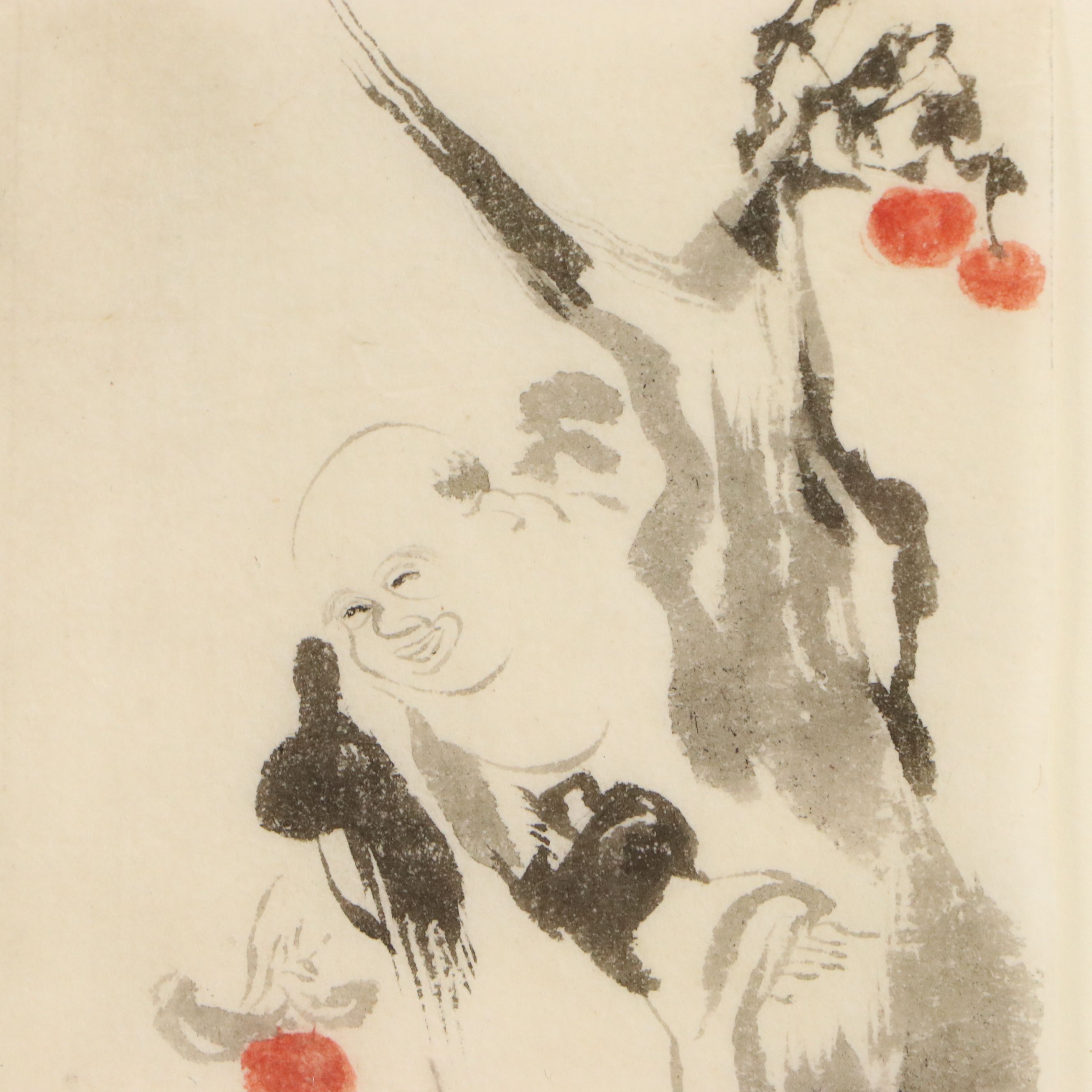 Japanese School Ink and Watercolor Painting "Hotei in a Tree," 19th Century