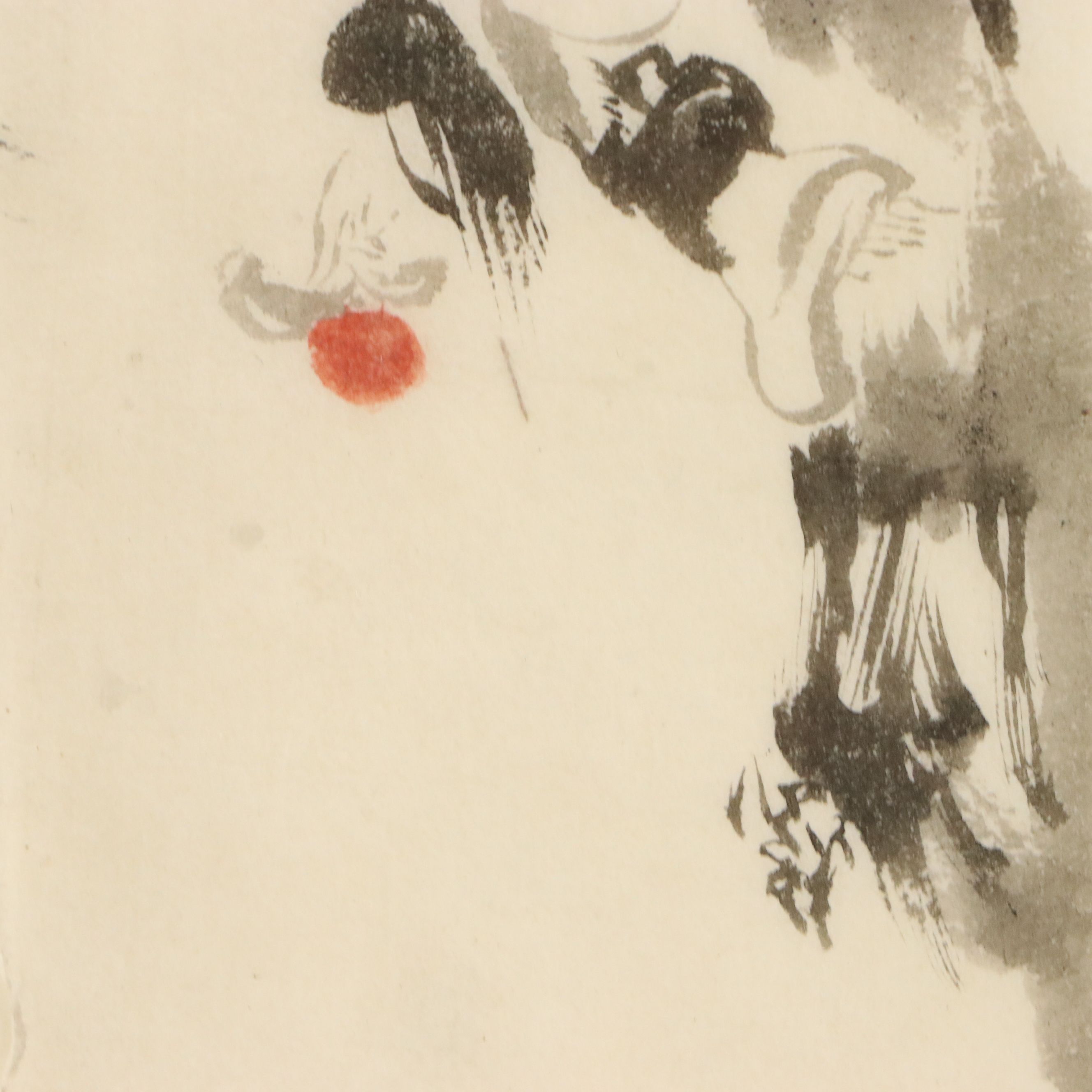 Japanese School Ink and Watercolor Painting "Hotei in a Tree," 19th Century