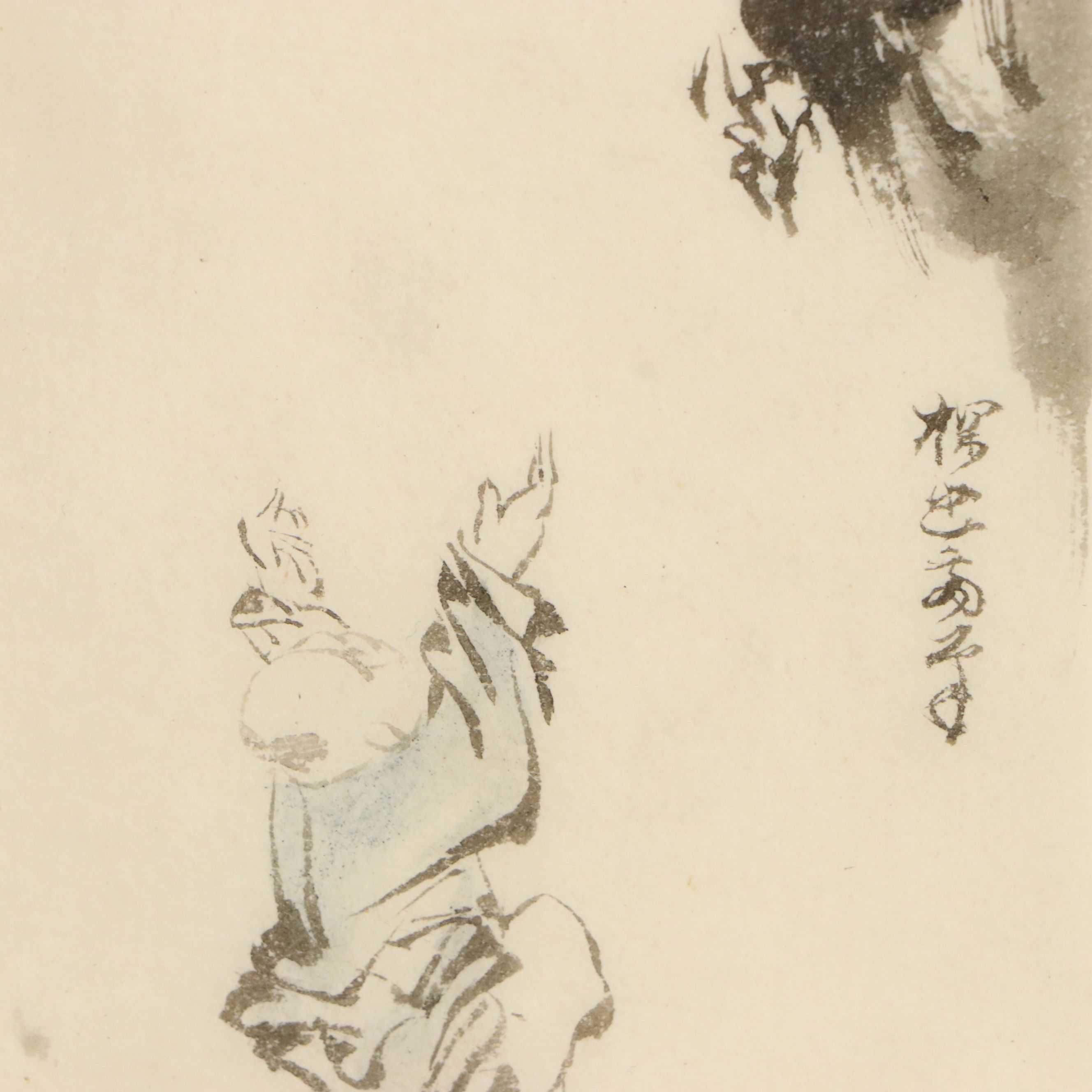 Japanese School Ink and Watercolor Painting "Hotei in a Tree," 19th Century