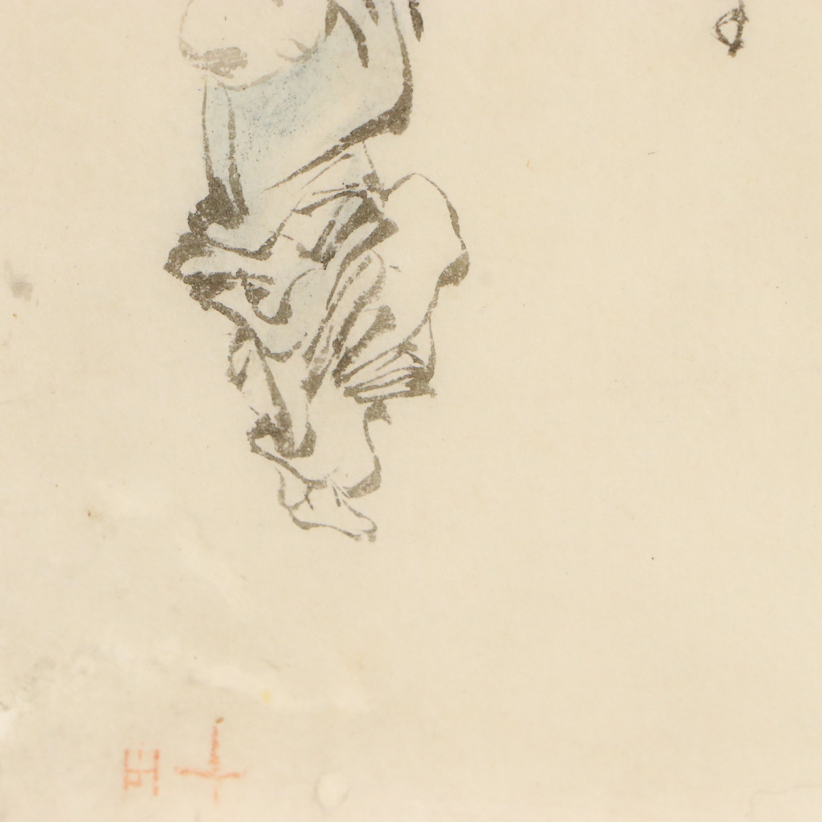 Japanese School Ink and Watercolor Painting "Hotei in a Tree," 19th Century