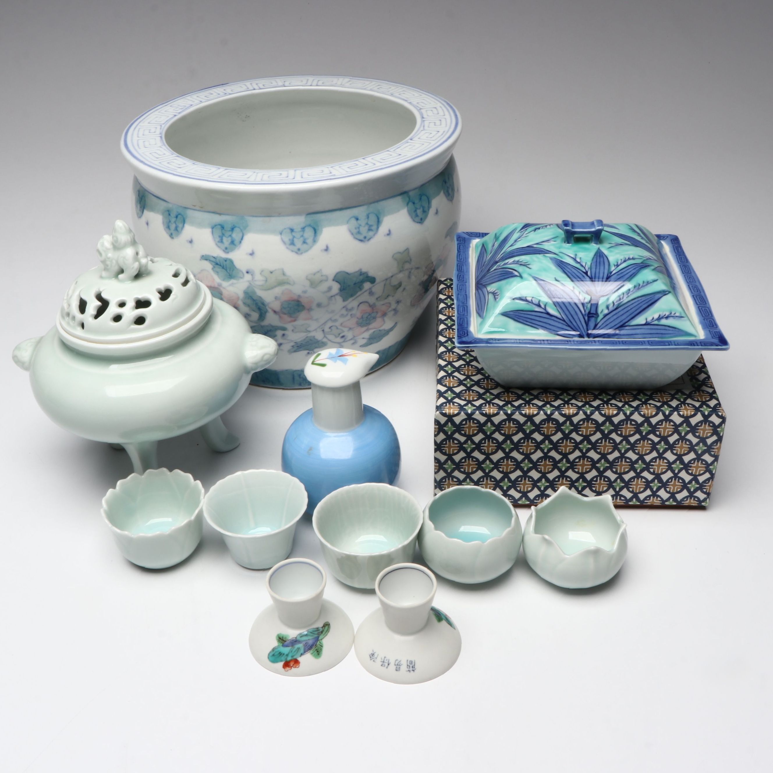 Japanese Porcelain Fishbowl Planter, Censer, Sake Cups and More Tableware