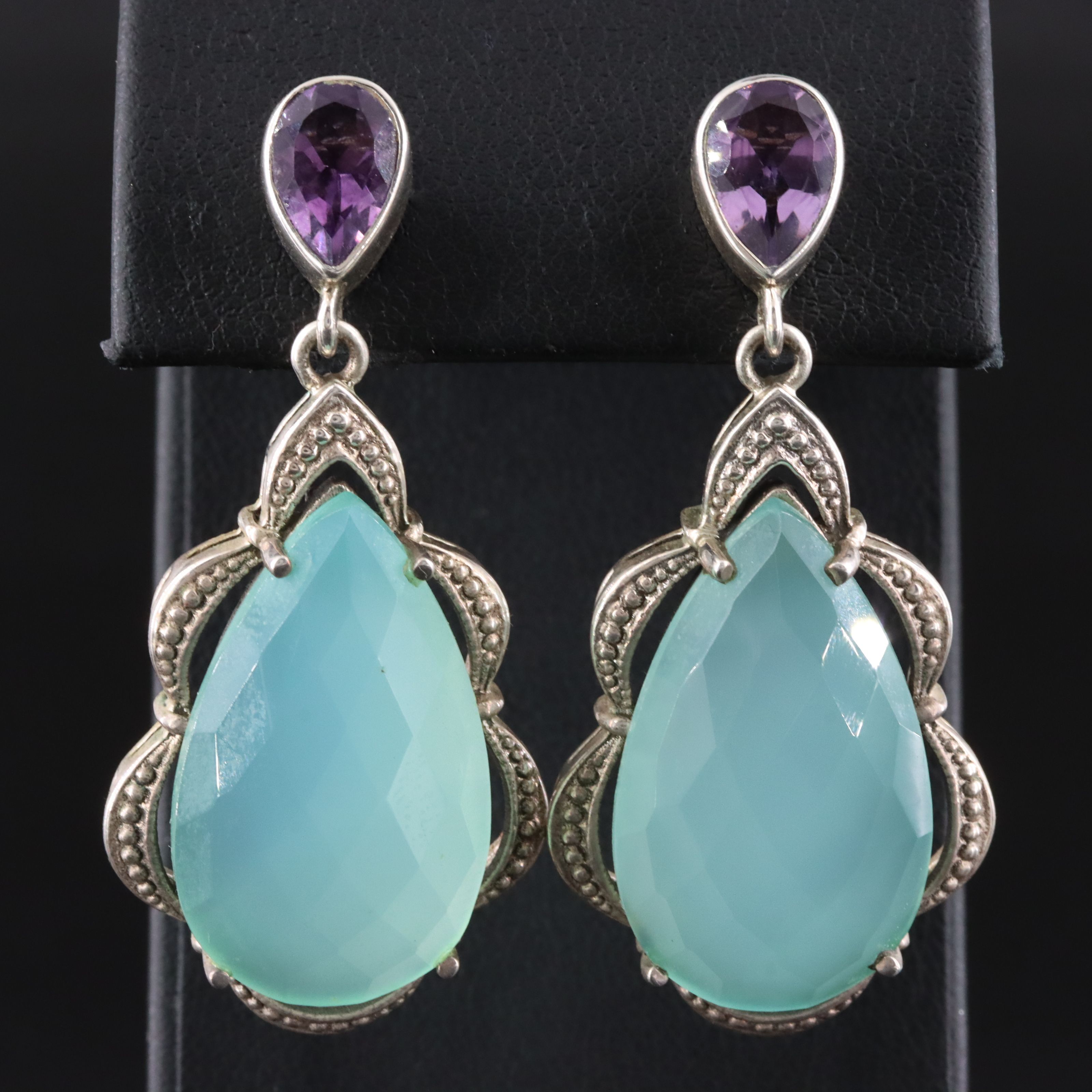 Sterling Chalcedony and Amethyst Scallop Drop Earrings